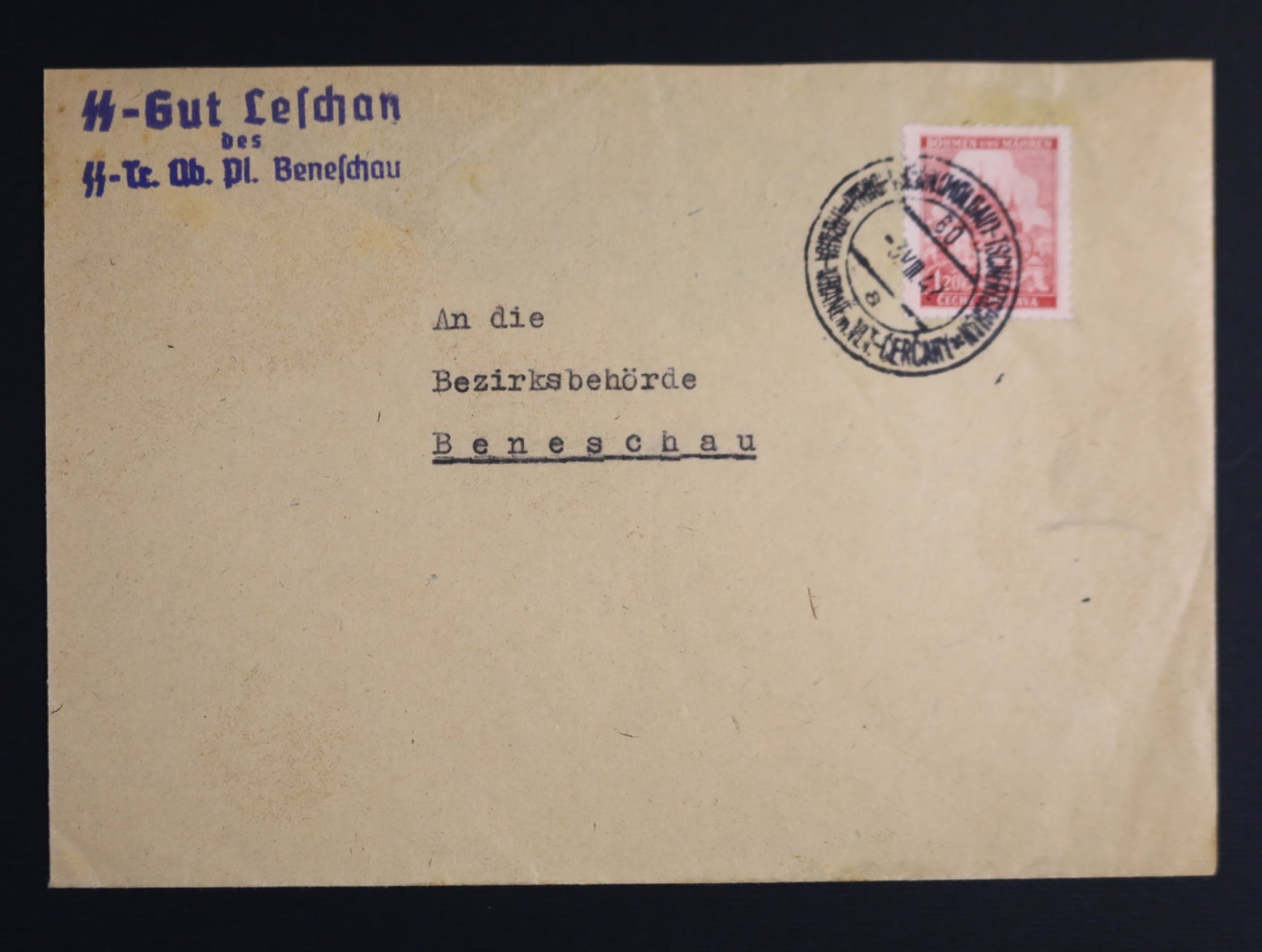 dopis přepr. VLP č. 60 Praha Vranné nad Vlt. - Čerčany 3.8.42 s příd. řádkovým raz. SS Gut Leschan ...
