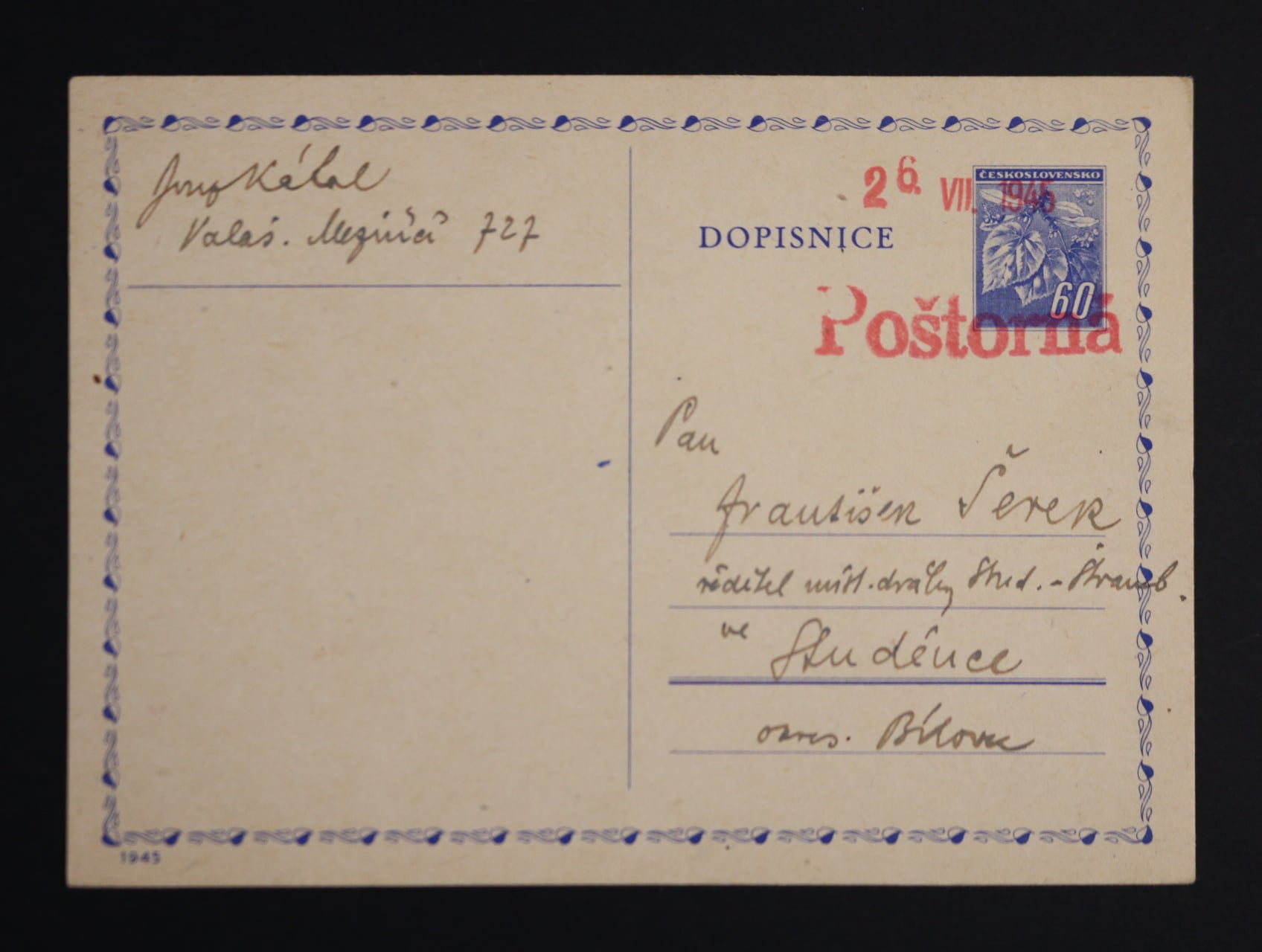 CDV 76 s proviz. červeným řádkovým raz. Poštorná 26.7.46, dobrá kvalita