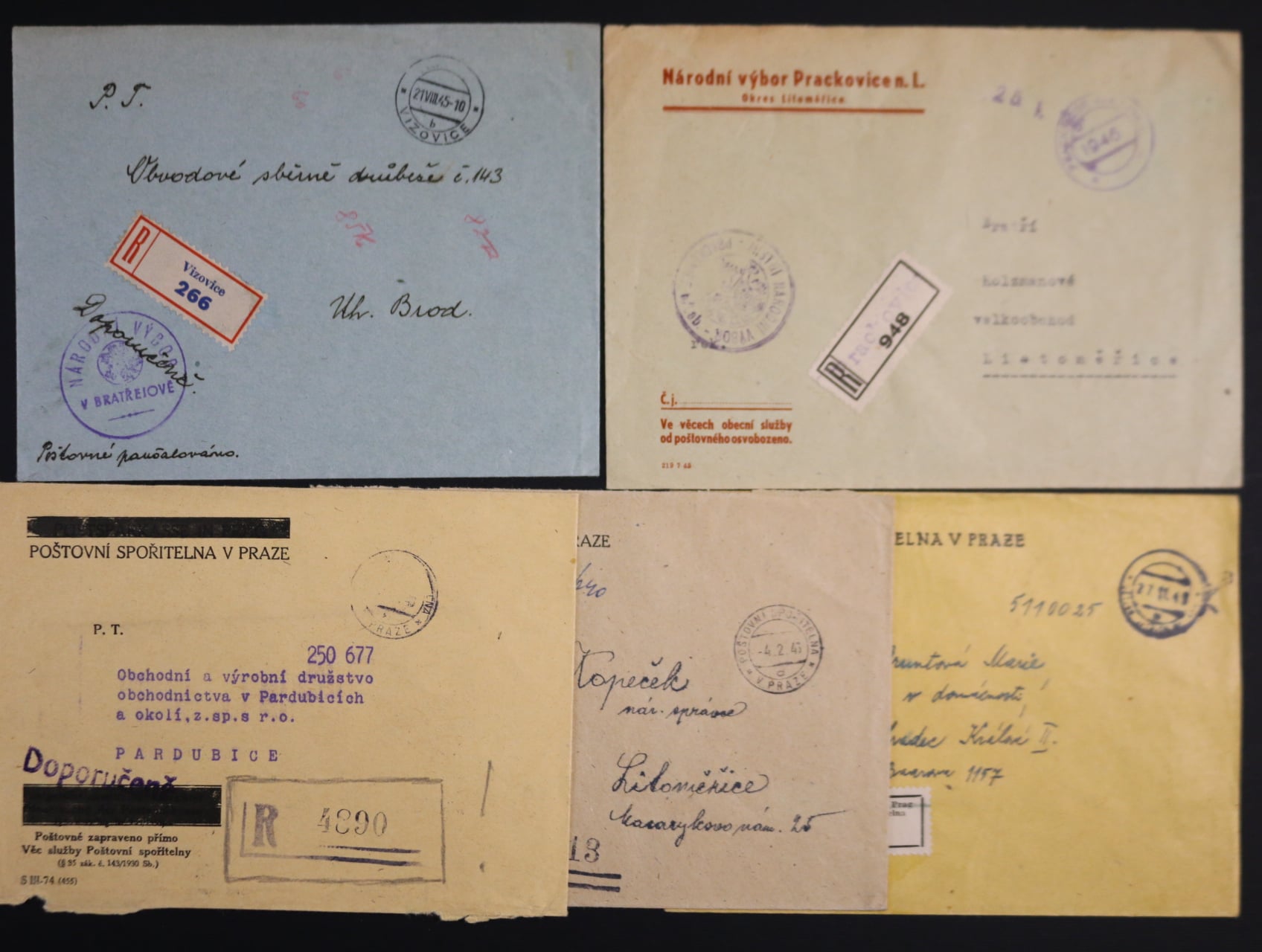 Sestava 5 ks. firemních R-dopisů Porta prosté z r. 1945 - 46, zajimavá raz. dobrá kvalita