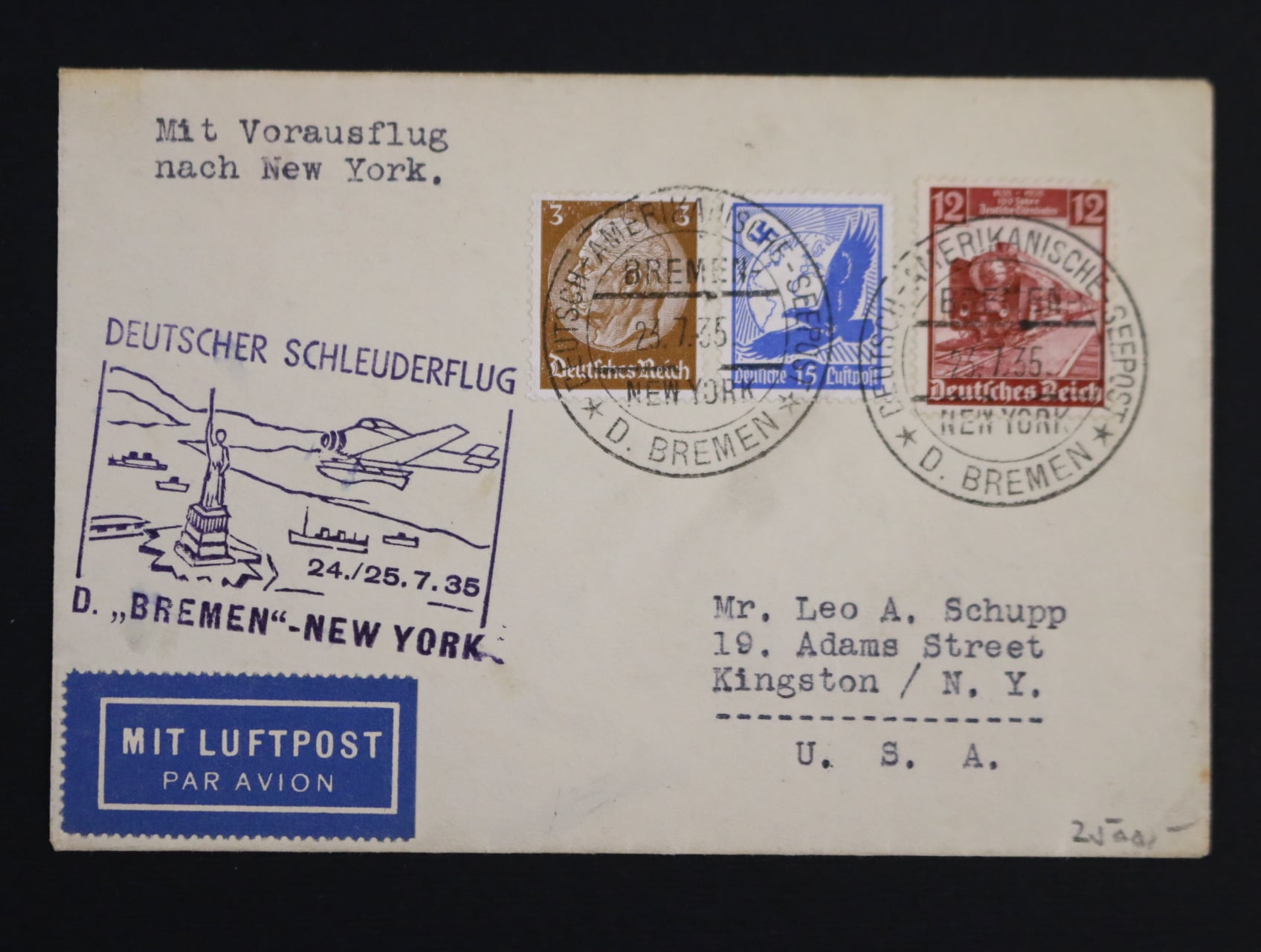 Německo - dopis do USA s pod. raz. DEUTSCH-AMERIKANISCHE SEEPOST D. BREMEN 23.7.35 přepr. katapult. poštou s fialovým kašetem