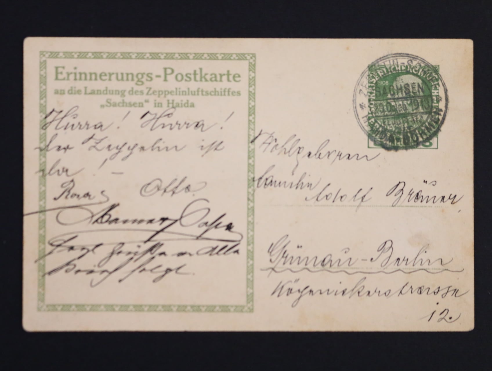 Rakousko - oficielní pohlednice "LZ Sachsen" s natištěnou zn. 5h F.J. s pod. raz. SACHSEN 20.OKT.1913 HAIDA - II. typ razítka, vzácné