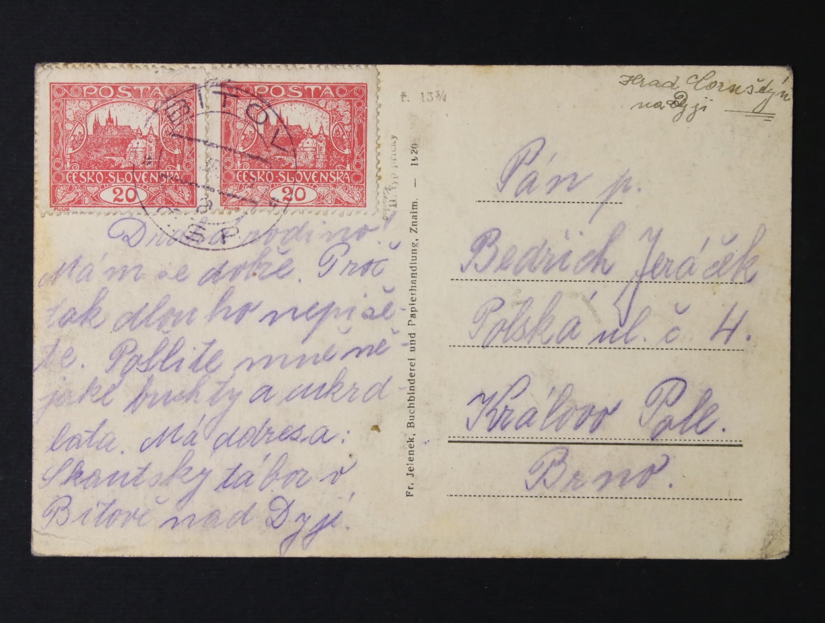 celistvost frank. zn. č. 9 C (2x), 1x II. příčkový typ, pod. raz. BÍTOV, zk. Karásek