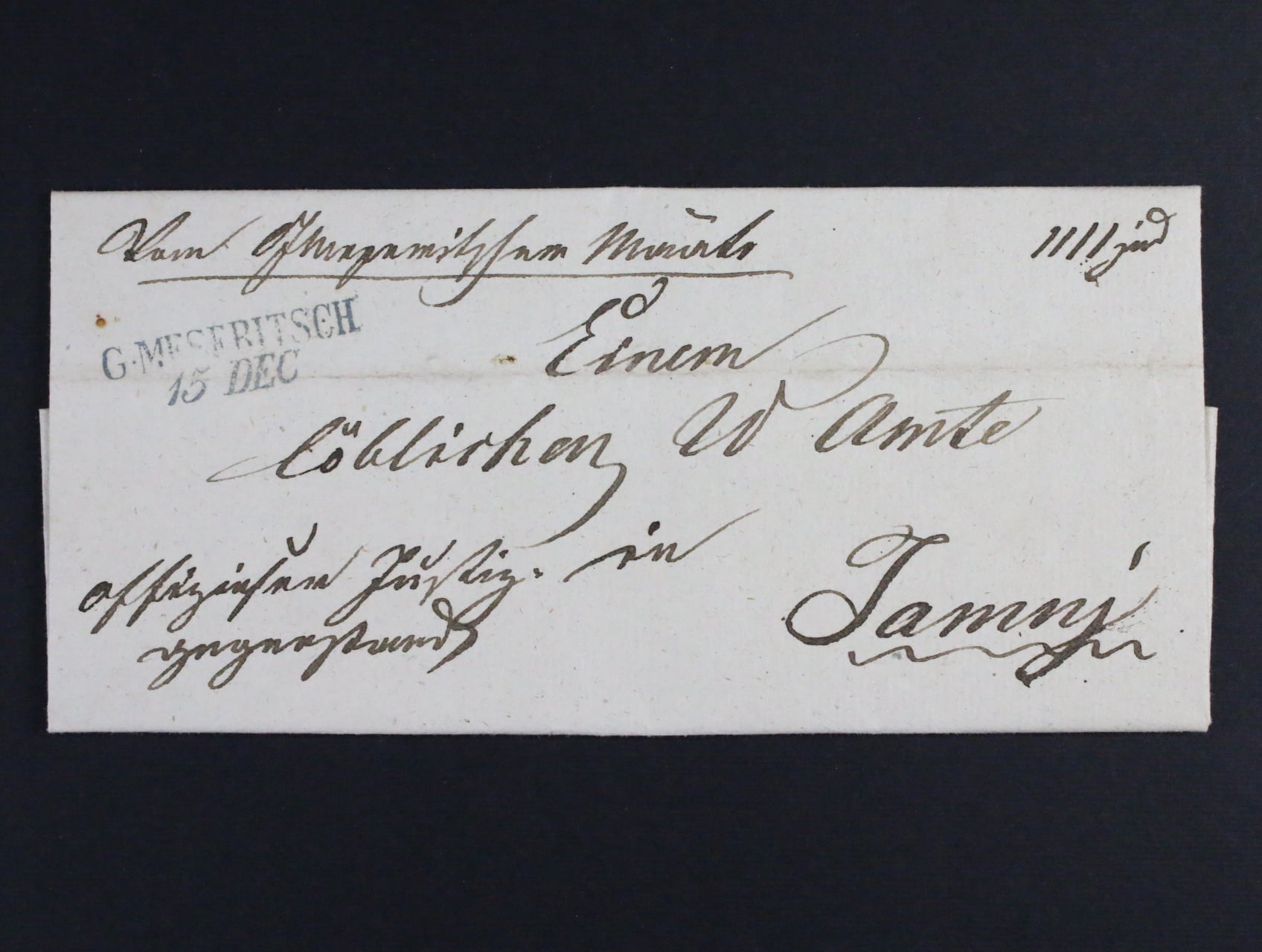 skl. dopis z r. 1826 s modrým řádk. pod. raz. G. MESERITSCH 15.DEC., vodorovný registr. lom, zajímavé