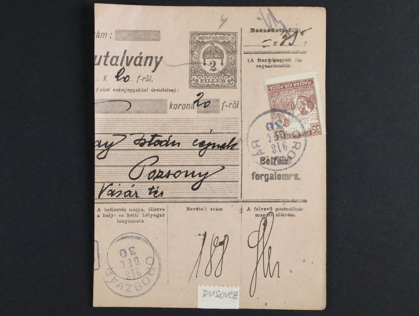 ústřižek maďarské pošt. průvodky 2fil. cís. koruna dofrank. zn. Mi. č. 198, pod. jednokruh. raz. OROSZVÁR 30.DEC.1918 (Rusovce)