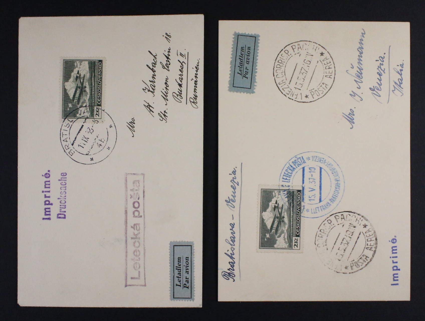 celistvost přepr. 1. letem Bratislava - Venezia, pod. modré raz. BRATISLAVA LETECKÁ POŠTA 1. LET PRAHA - BRATISLAVA - KLAGENFURT - VENEZIA 15.5.37 a celistvost přepr. let. poštou do Bukurešti, pod. ra