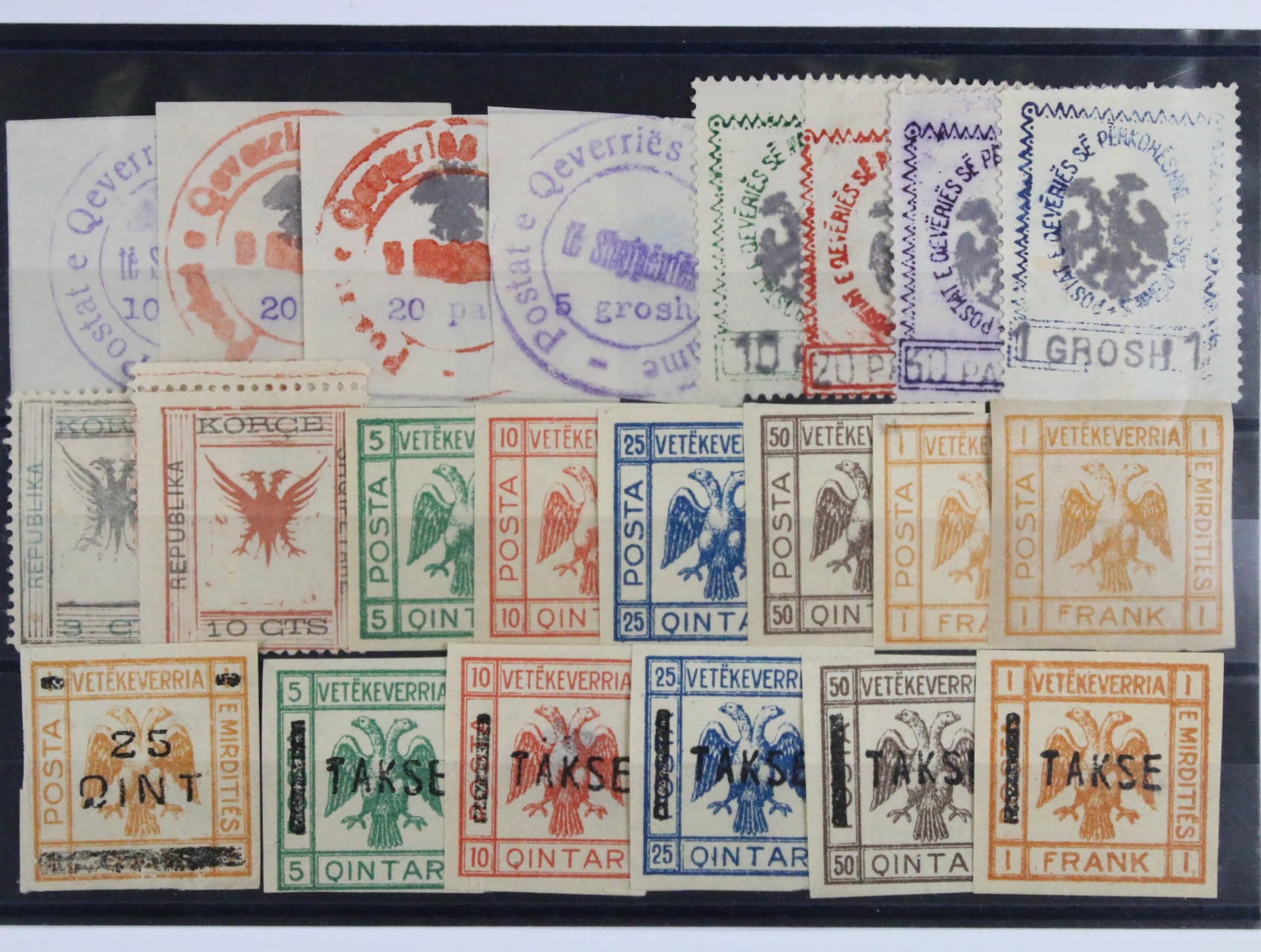 zn. Mi. č. 18, 19 (2x), 22, 24 - 27, lokální zn. Republik Korca Mi. č. 5 a 7, dále Republik Mirditische - 12 ks zn. 5Qintar - 1F