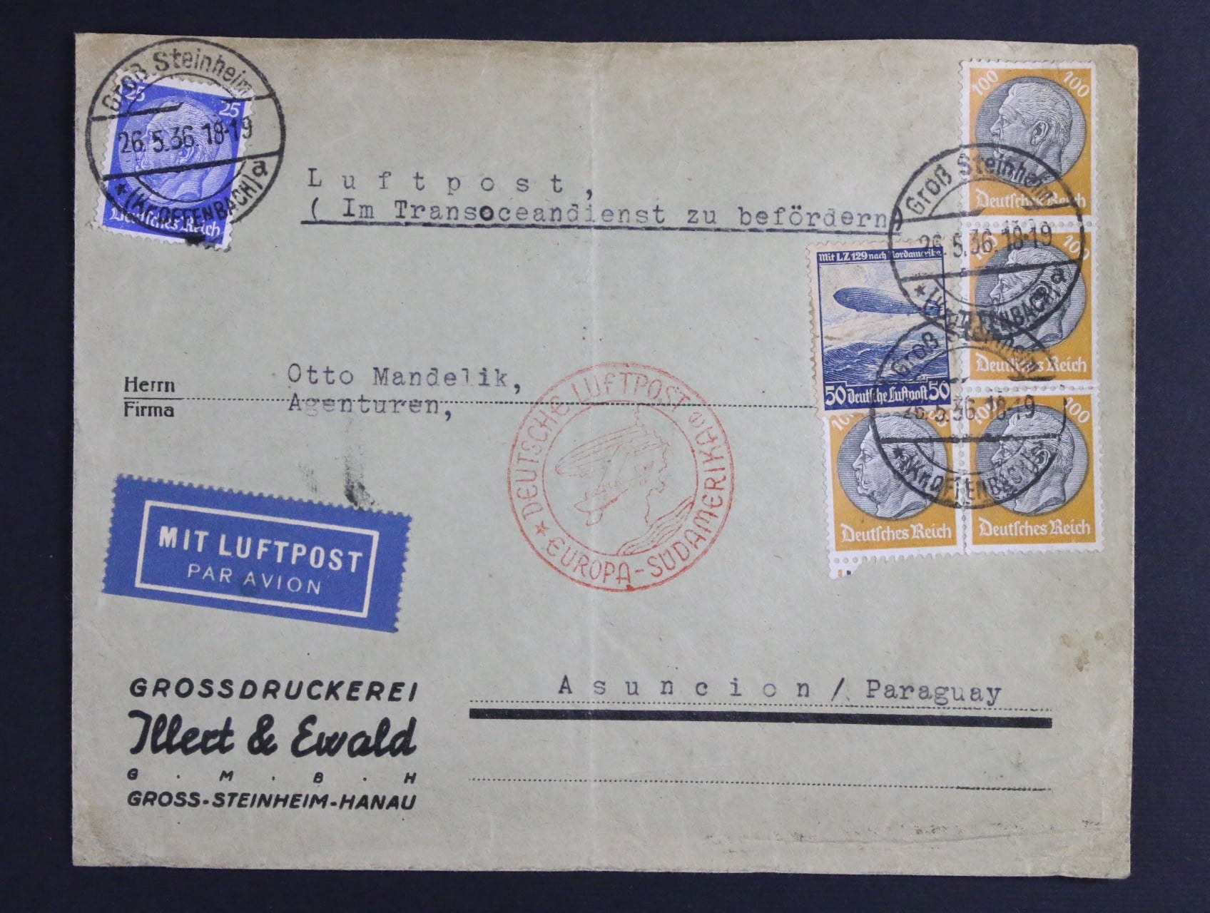 letecký dopis do Paraguae vyfrankovaný zn. Mi. č. 495, 522 a 606, podací razítko Gros Steinheim 26.5.36