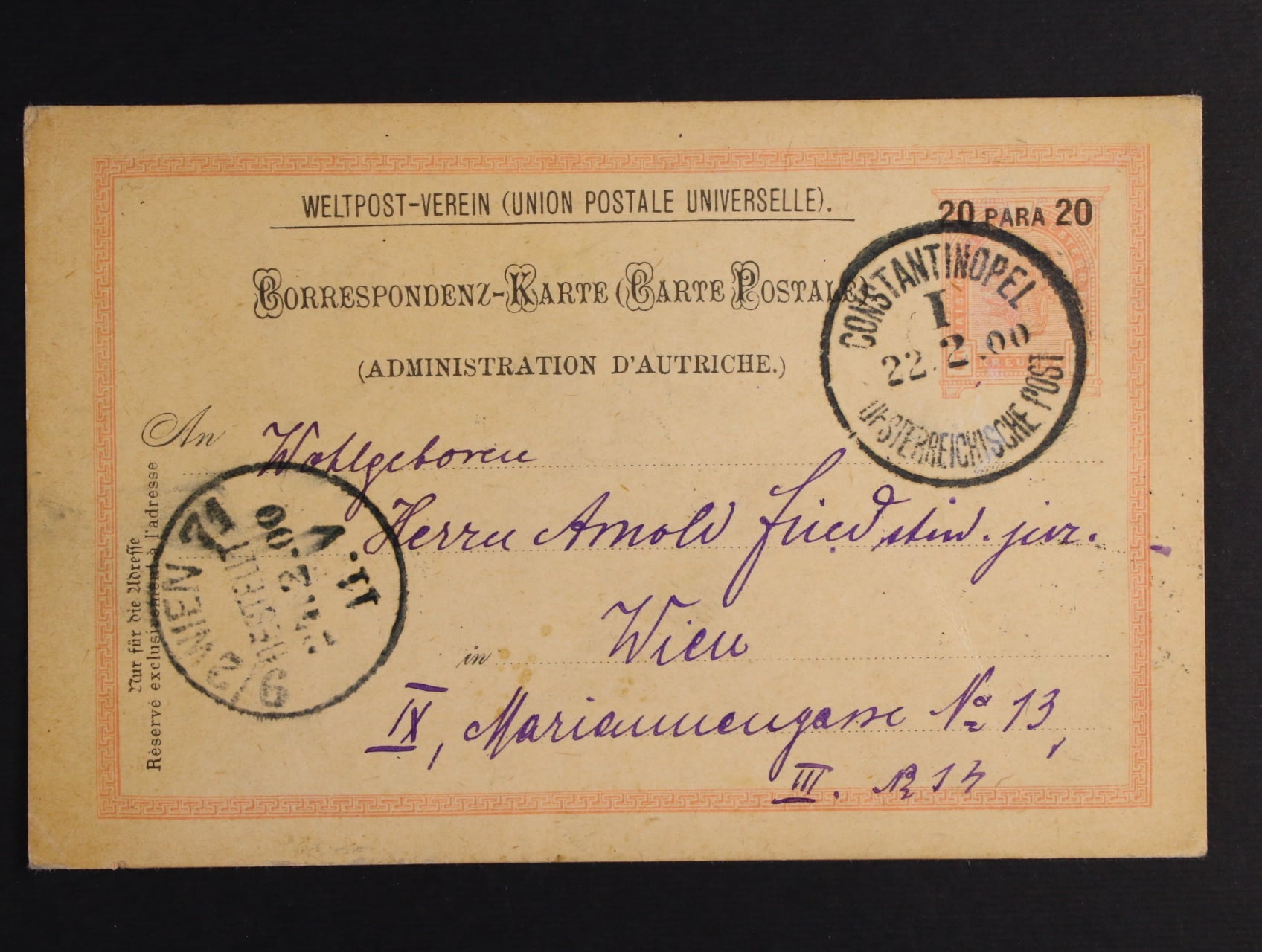 celina Mi. P 12b zaslaná do Vídně, pod. raz. CONSTANTINOPEL I 22.2.1900 + přích. raz.