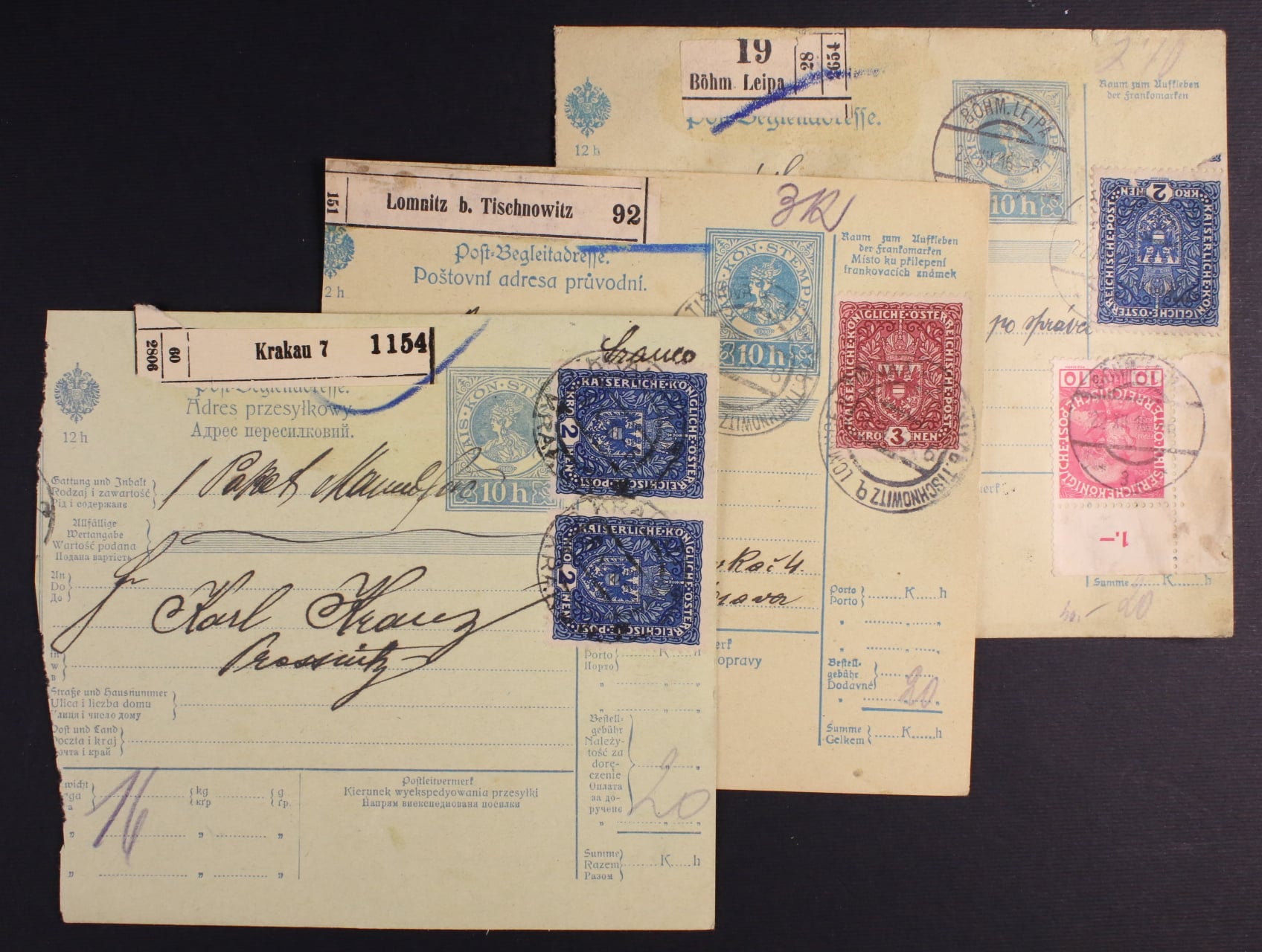 sestava 3 ks dvoudílných pošt. průvodek z let 1910 - 16, frank. mj. zn. Mi. č. 200 I, 201 I, pod. raz. z českého území