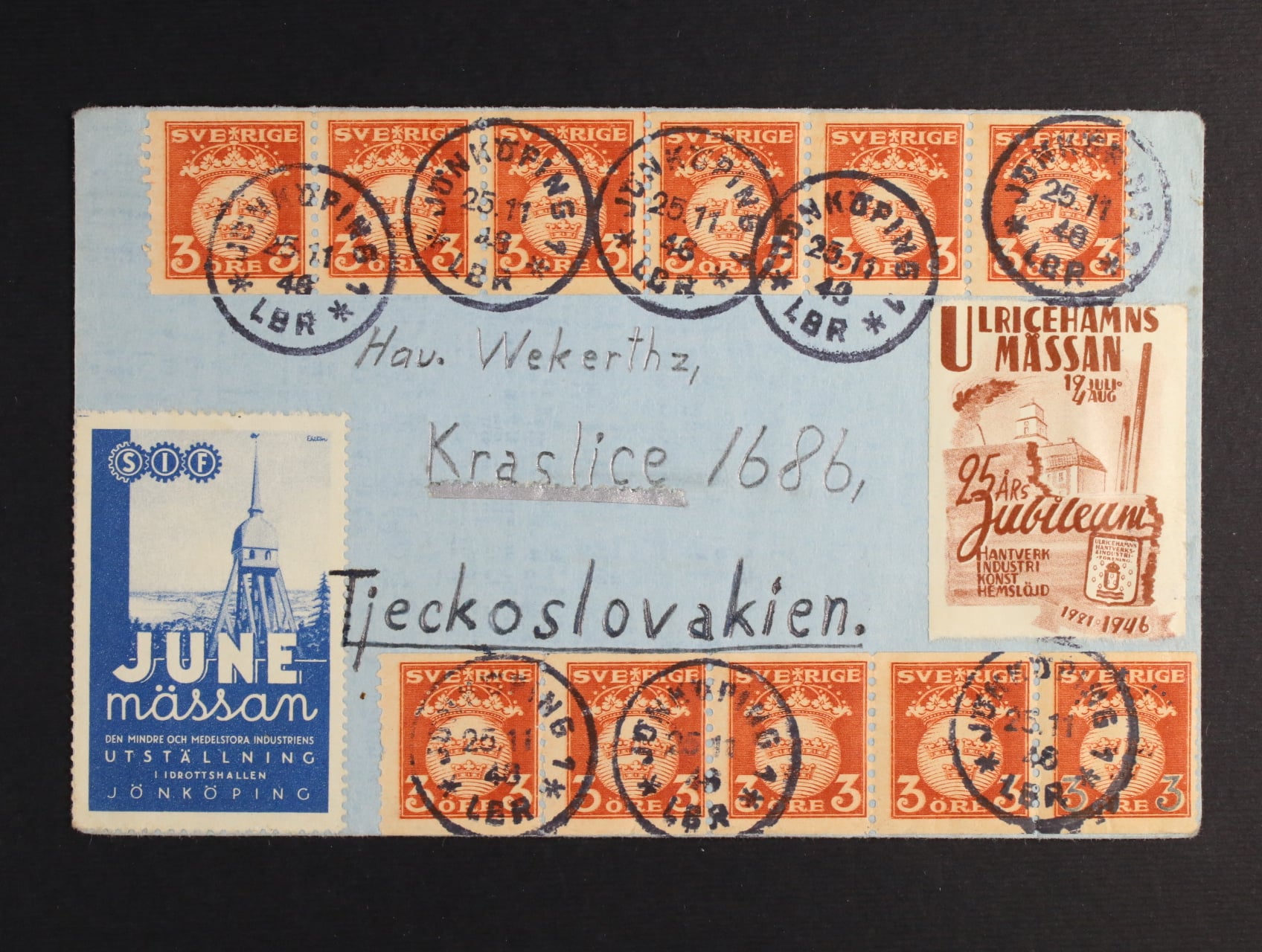dopis do ČSR frank. 5ti a 6tipáskou svitkové zn. 3öre, pod. raz. JÖNKÖPING 25.11.48
