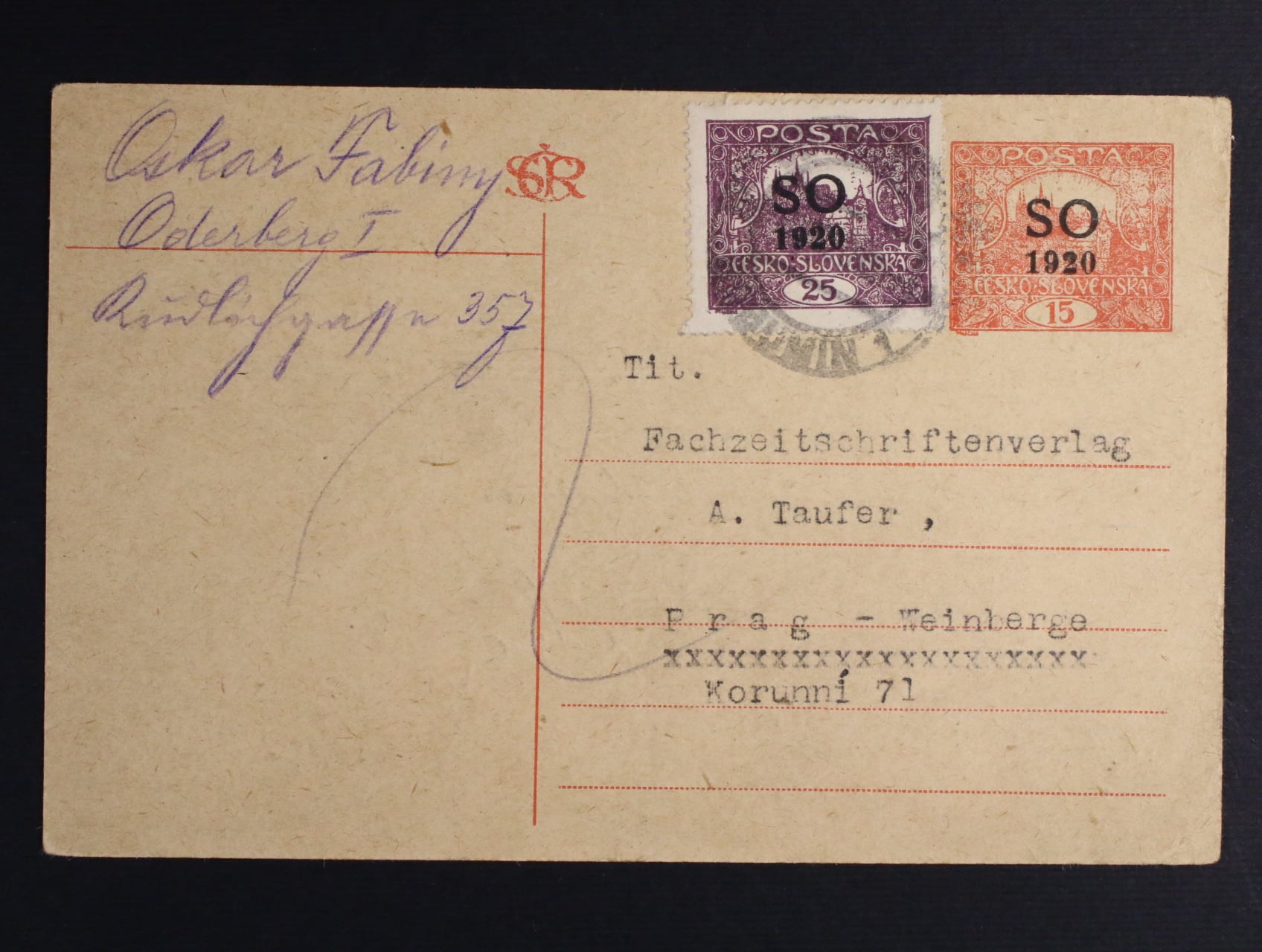 KL 15h s přetiskem SO do Prahy dofrank. zn. SO č. 8 A s pod. raz. BOHUMÍN 1 7.AUG.1920