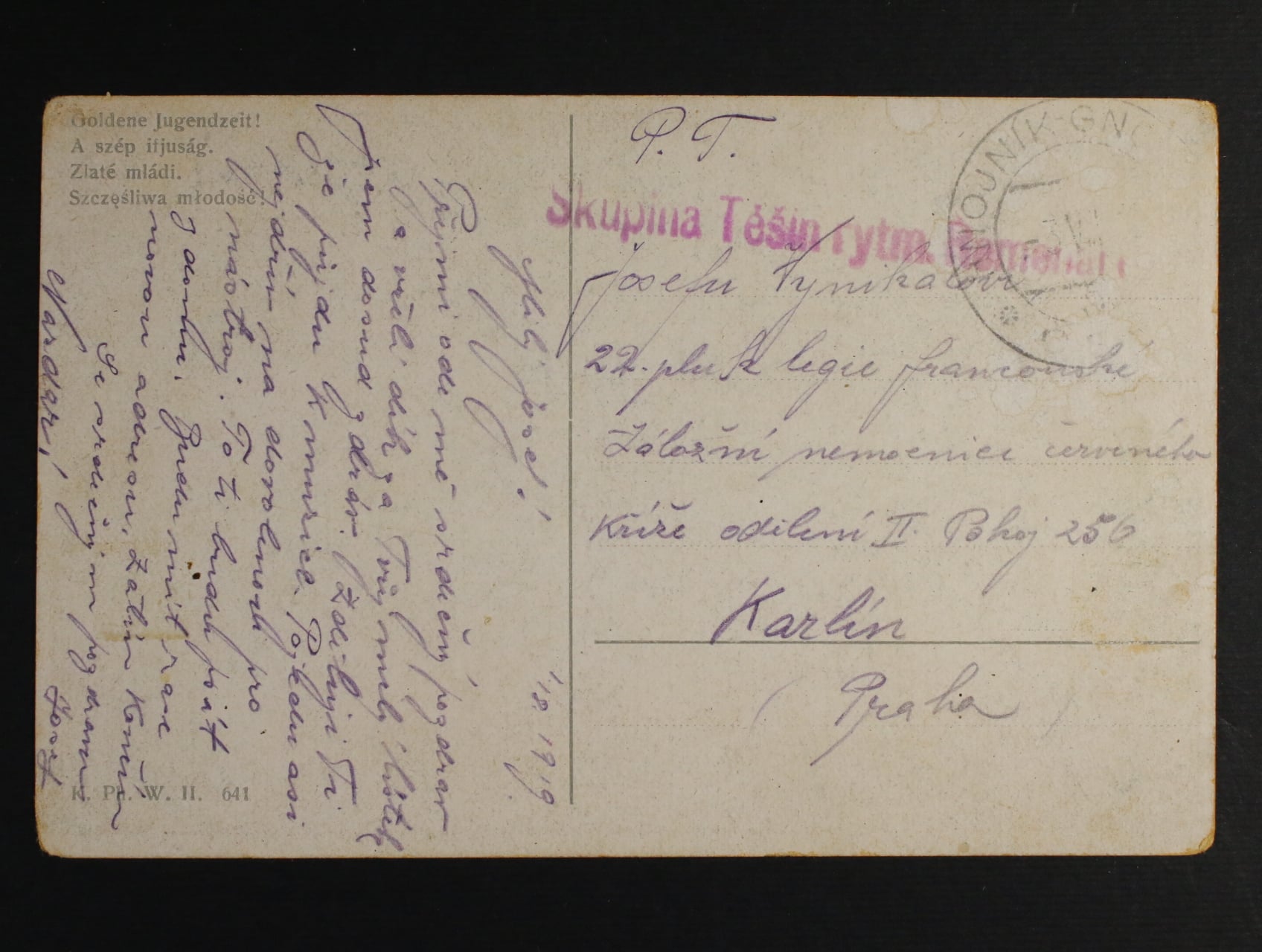 ČSR 1919 - celistvost do Prahy s denním raz. HNOJNÍK 3.8.1919 s příd. řádkovým útvar. raz. Skupina Těšín rytm. Romenal...