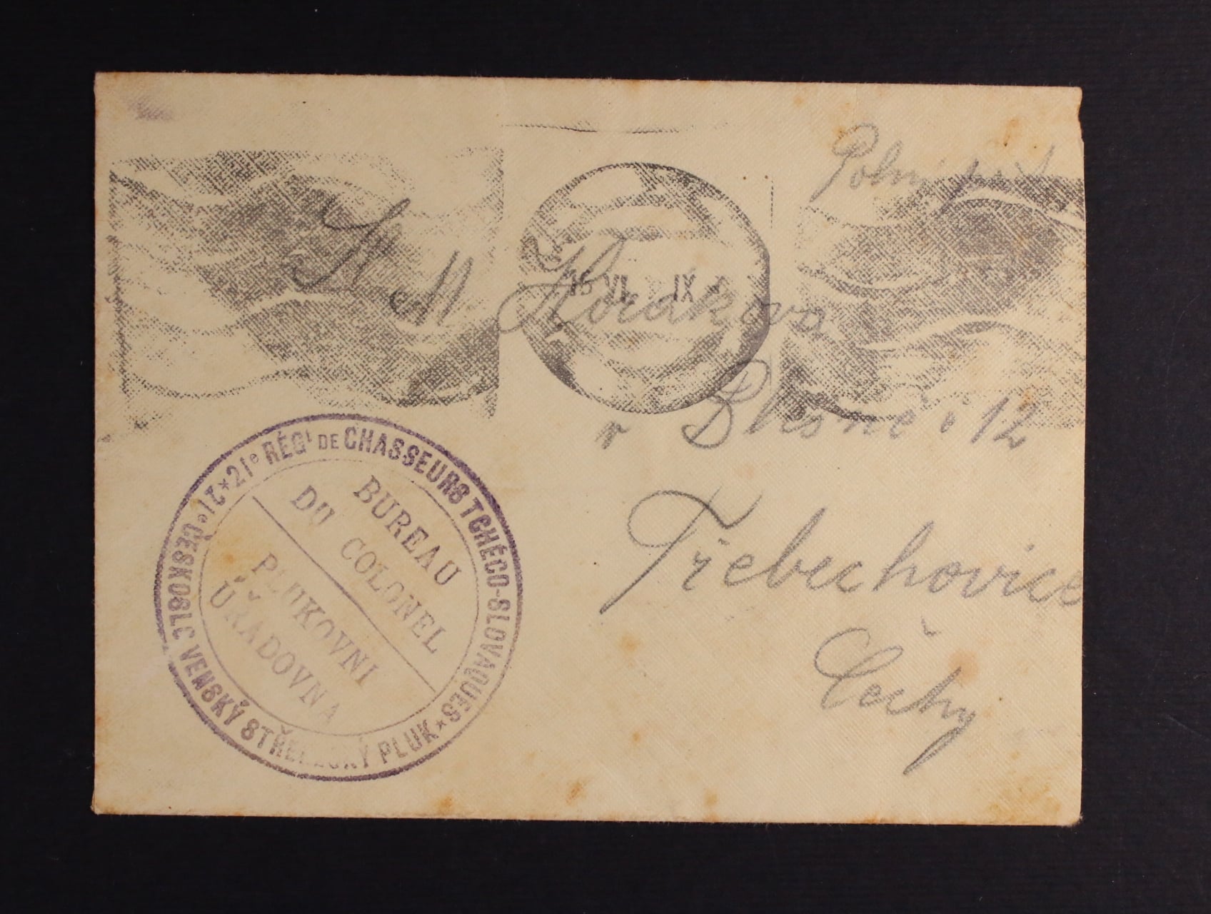 ČSR 1919 - dopis malého formátu do Třebechovic od přís. 21. ČS. pluk legie 2. rota Polní pošta 75, pod. stroj. raz. pouze s datací + příd. dvojjaz. raz. 21. ČS STŘELECKÝ PLUK PLUKOVNÍ ÚŘADOVNA