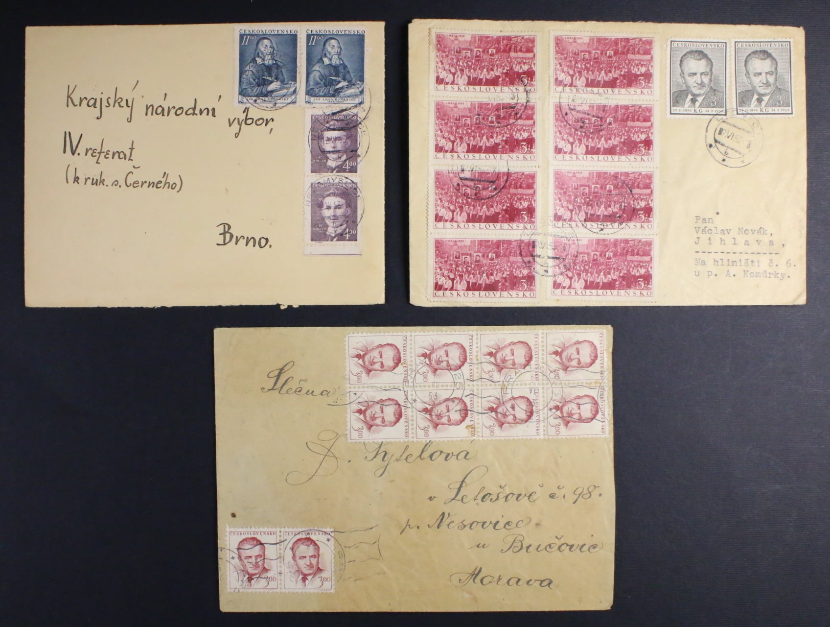 měnová reforma - sestava 3 ks dopisů, pestré zajimavé frankatury, pod. raz. LEDNICE 2.6.53, NEZAMYSLICE 12.6.53 a PRAHA 9.6.53