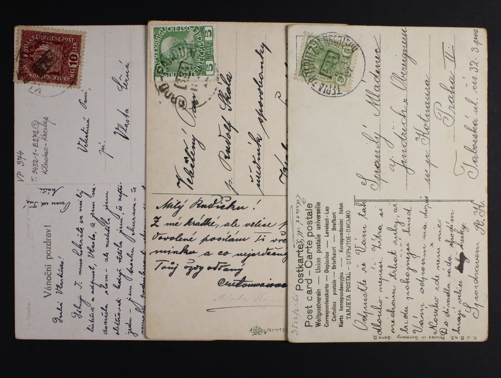 sestava 3 ks celistvostí z let 1907 - 1909 s raz. VLP c. 424 Tepla - Tr. Teplitz - U. Hradisch, 324 Brod - Pardubice, 374 Kladno - Kralup