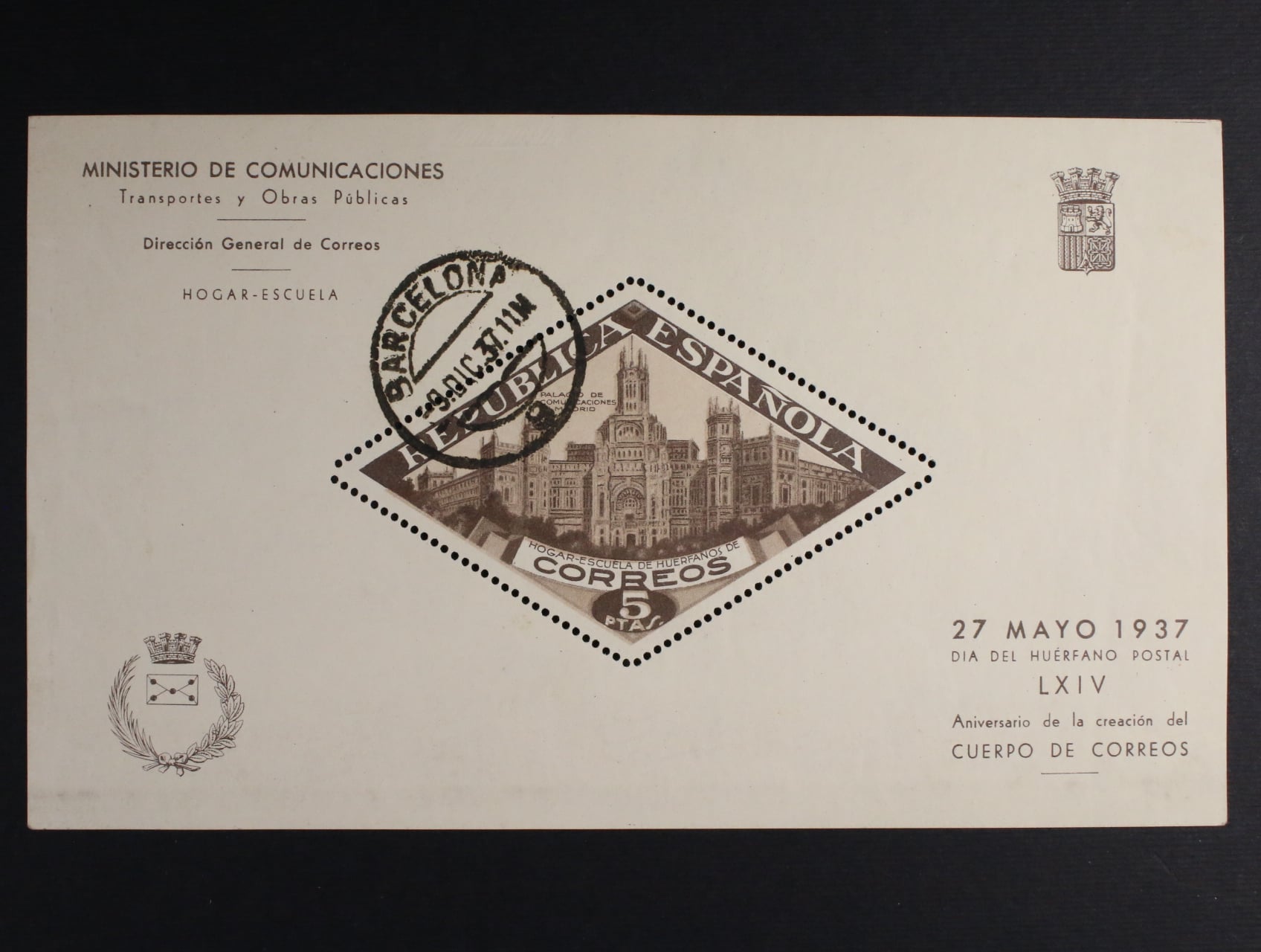 Aršík 5 PTAS ve prospěch sirotků vydaný Mimisterstvem dopravy, pošt a komunikací ke dni 27.5.1937 s razítkem BARCELONA 29.DIG.37