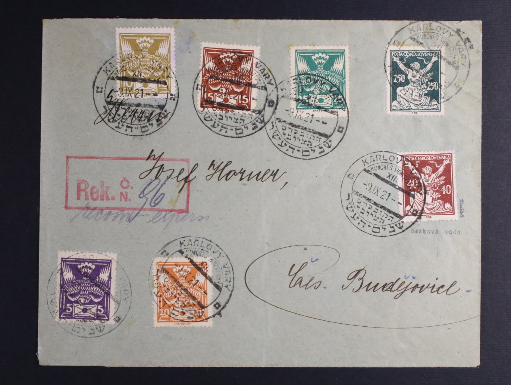 R-dopis do Českých Budějovic frank. zn. OR a Holubice s pod. dvojjazyčným raz. KARLOVY VARY XII. KONGRES SIONISTICKÝ 9.9.21, na zn. č. 154 DV, zk. Karásek