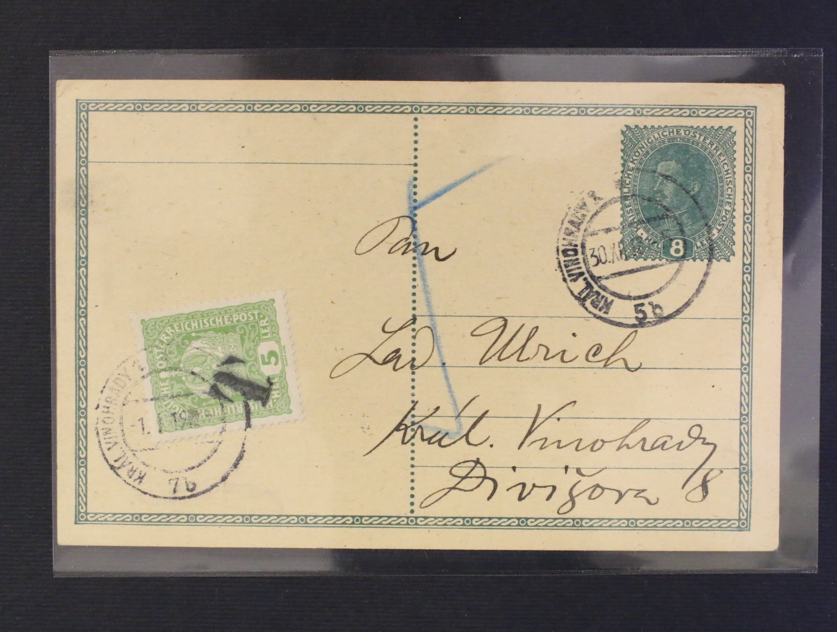 Predbežne - rak. KL 8h Karel s pod. raz. KRÁLOVSKE VINOHRADY 5b 30.12.18, dofrank. proviz. dopl. zn. 5h, prich. raz. KRALOVSKE VINOHRADY 7b 1.1.1919