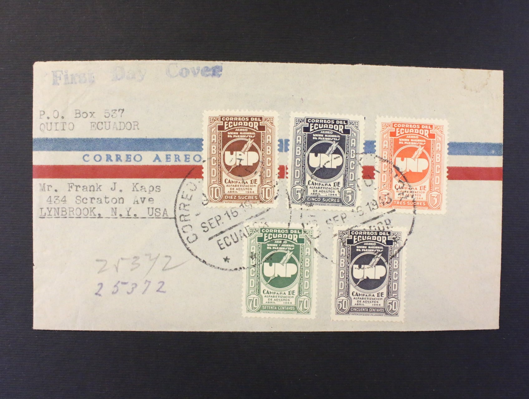 Ecuador - let. dopis do USA frank. zn. Mi. č. 613 - 17, pod. raz. se špatne nastavenou datumovkou SEP.16.1945 namísto 1946, průch. a přich. raz.