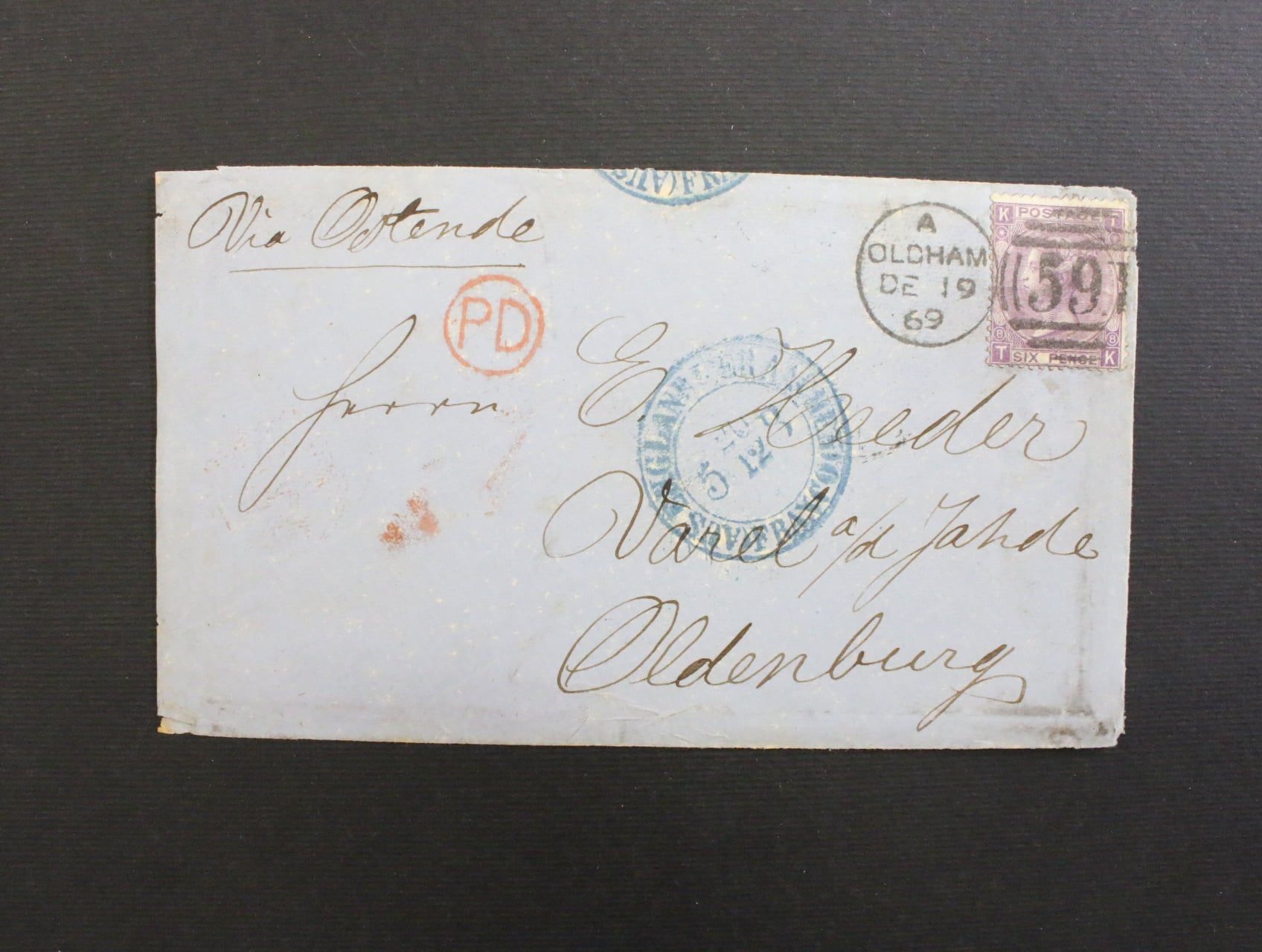 skl. dopis z r. 1869 do Německa frank. zn. Mi. č. 30, pod. čis. raz. 59 + denni raz. OLDHAM 19.DE.69 + pruch. a prich. raz.