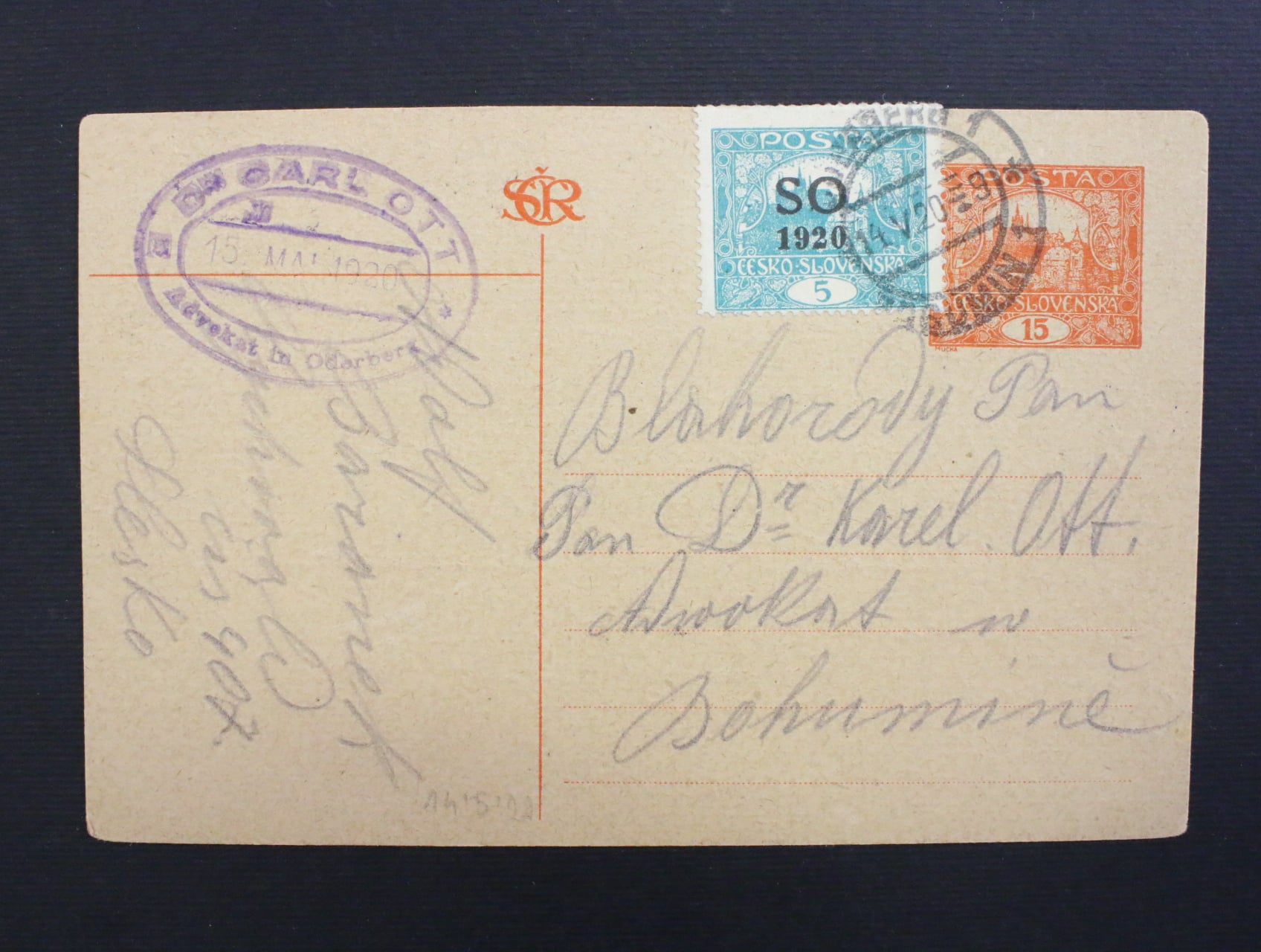 CDV 14 v miste dofrank. zn. SO č. 3 B s pod. raz. ODERBERG 1 14.5.1920