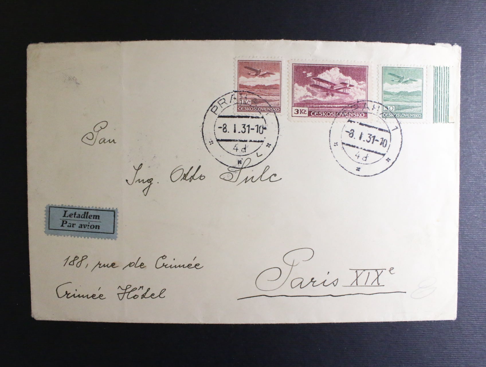 dopis do Parize frank. zn. L č. 7, L 8, L 10, pod. raz. PRAHA 1 8.1.31 + pruch. raz. PRAHA CIZINA, prich. raz. PARIS