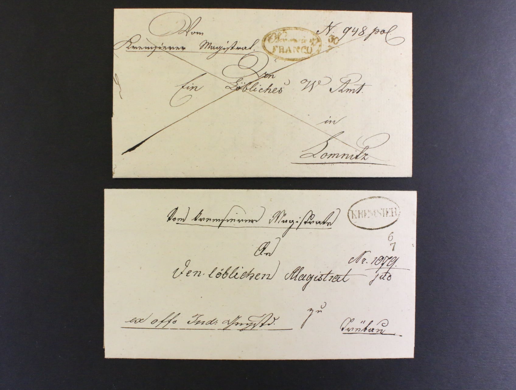 skl. dopis z r. 1839 do Lomnice s ovalnym raz. KREMSIER FRANCO a dopis z r. 1848 s ovalnym raz. KREMSIER, dobra kvalita