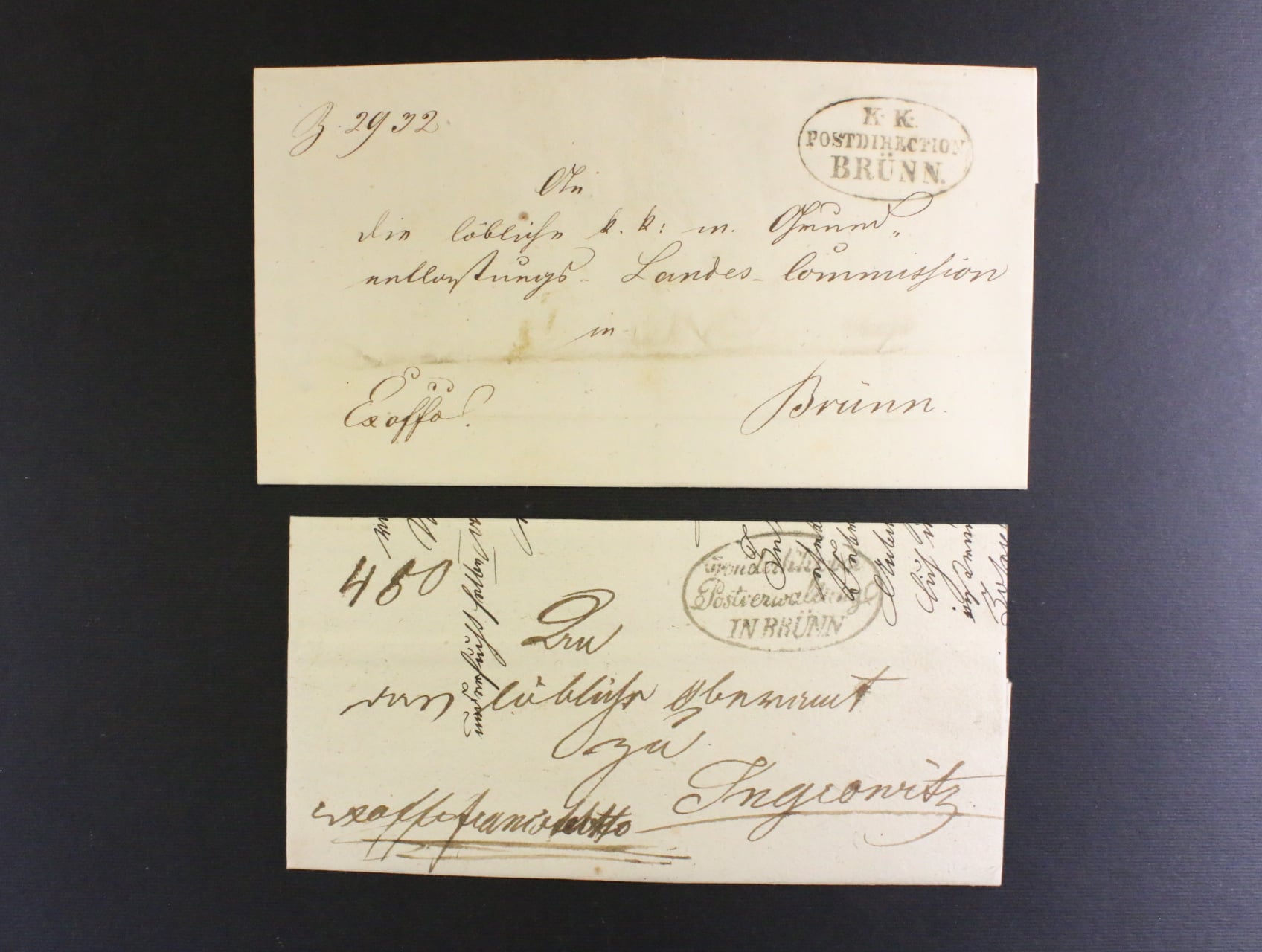 dva skl. sluzebni dopisy z r. 1837 a 1851 se sluzebnimi raz. POSTDIRECTION BRÜNN, dobra kvalita