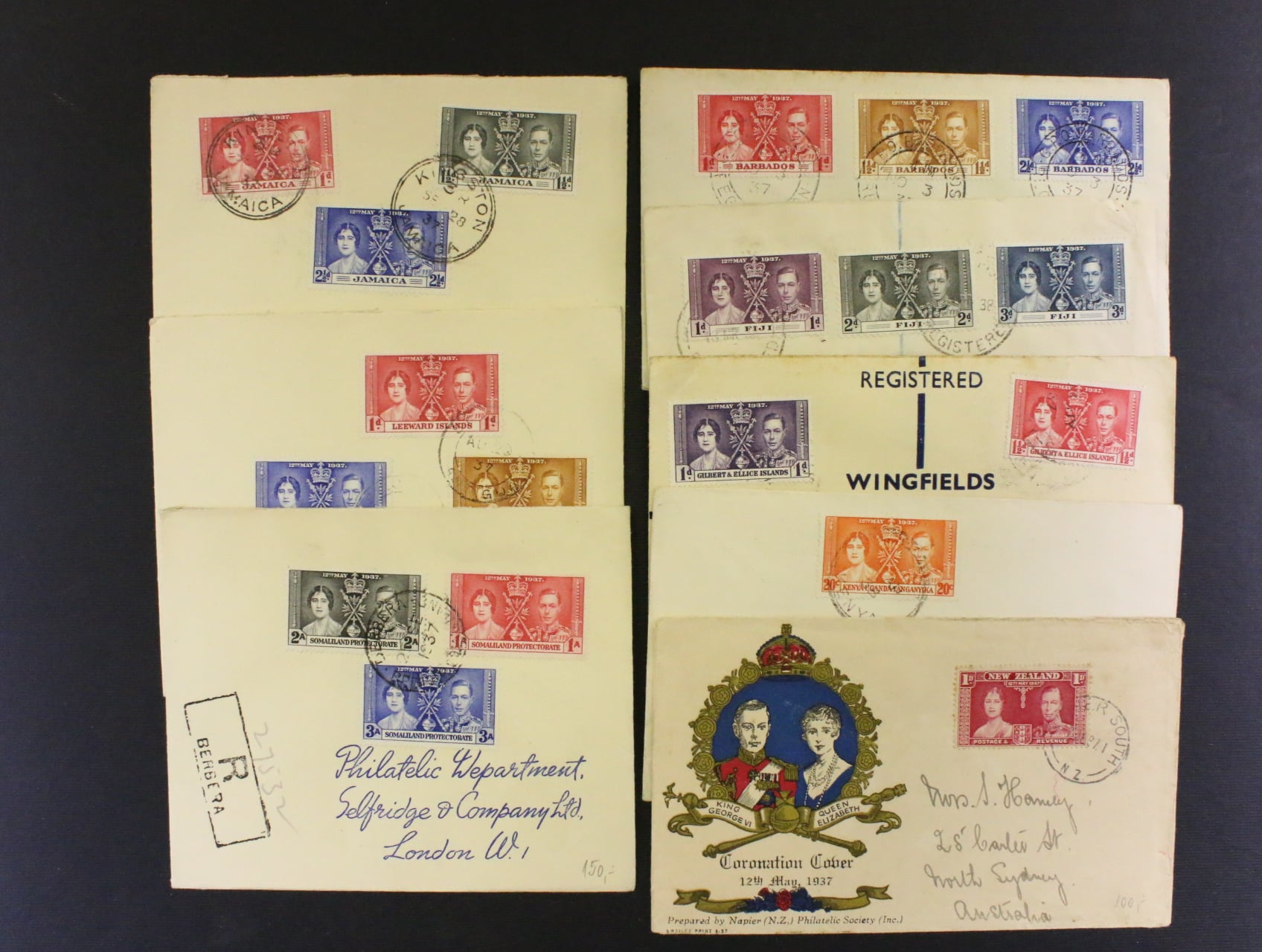 sestava 8 ks prevazne R-dopisu frank. zn. ke korunovaci 1937 - Barbados, Fiji, Gilbert & Ellice, Jamaica, Kenya ..., Leeward, Novy Zeland, Somailand Protectorate