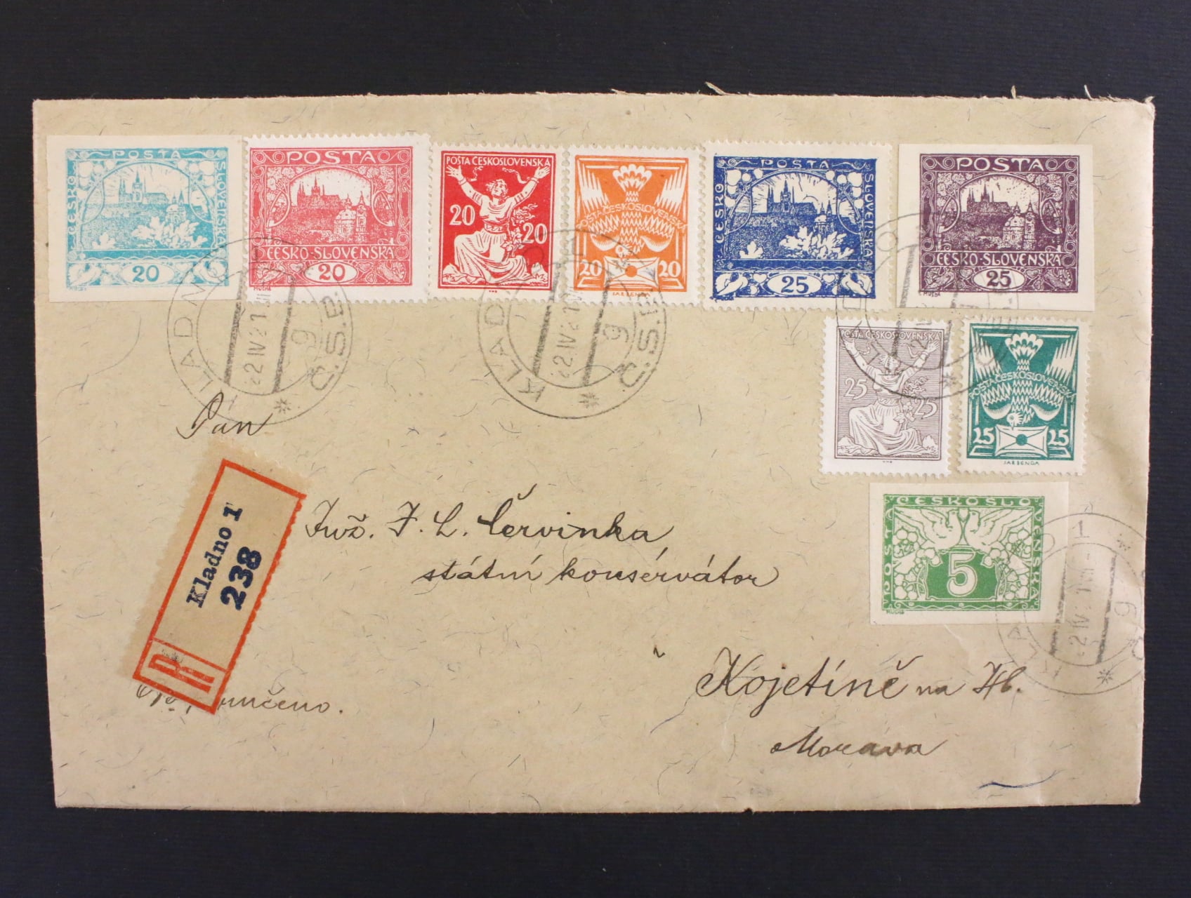R-dopis do Kojetina frank. pestrou smisenou frankaturou Hradcany, holubice, OR, specne, pod. raz. KLADNO 1 22.4.21, IV. TO