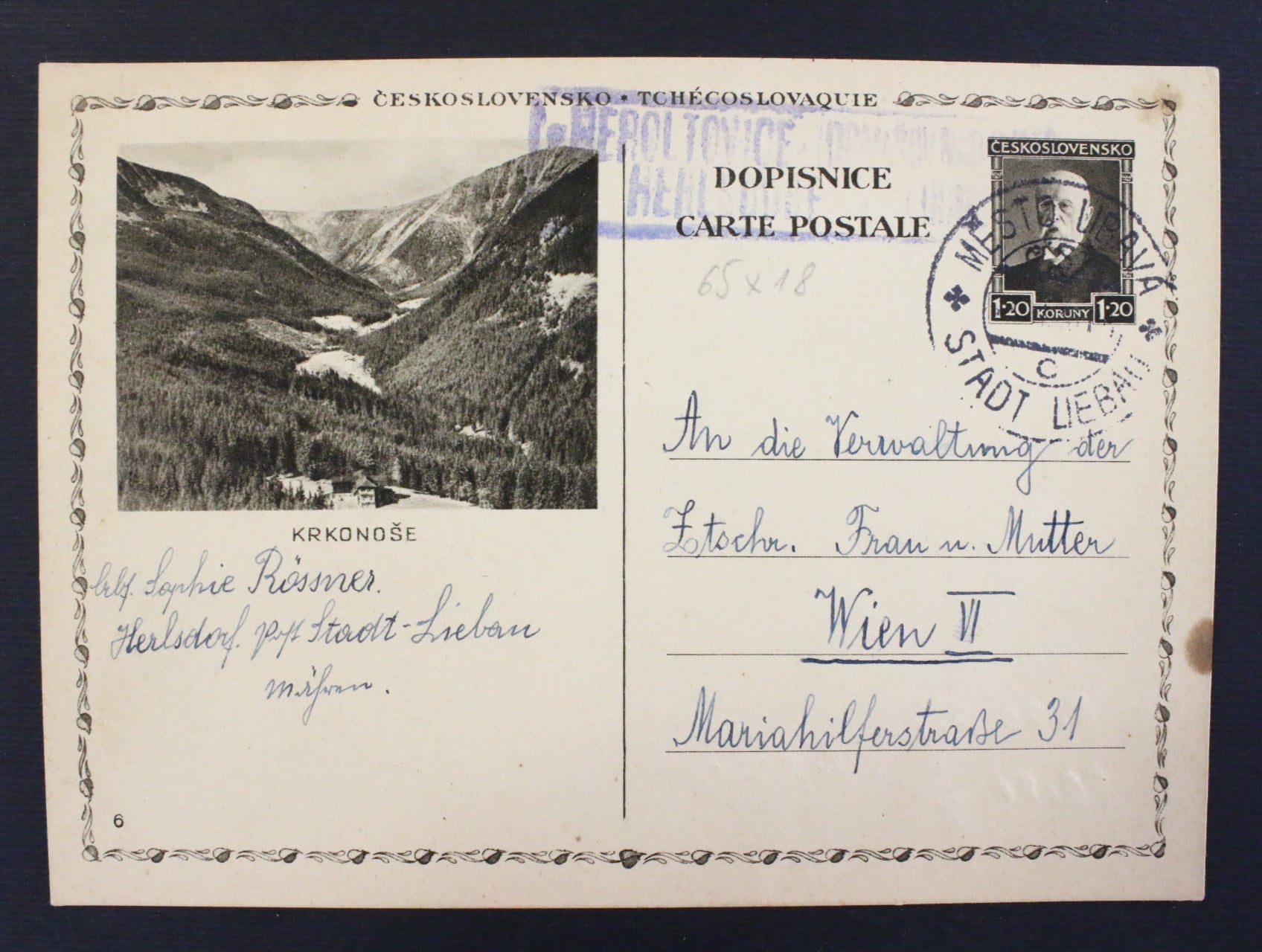 CDV 46/6 do Vidně, pod. raz. MĚSTO LIBAVA 17.2.33 + ramec. raz. poštovny HEROLTICE ...