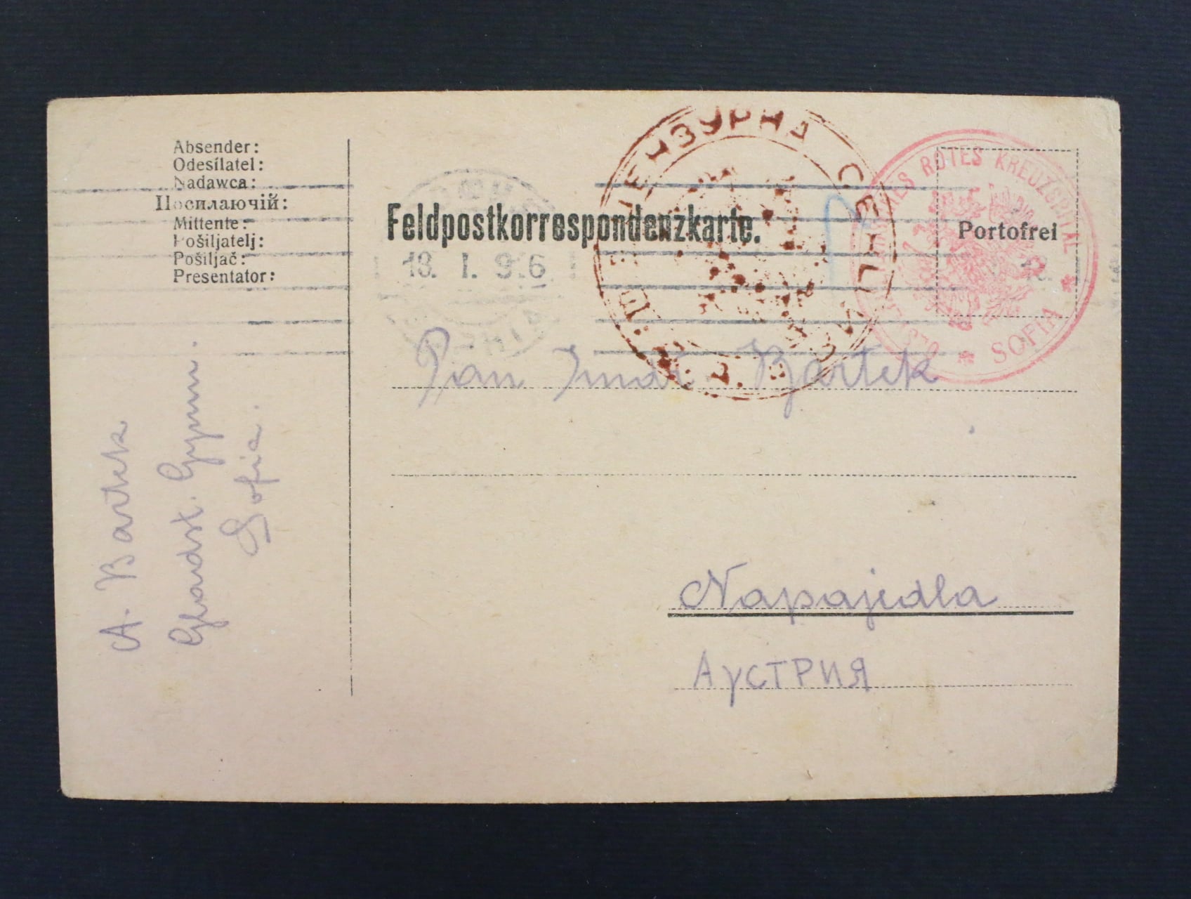 KL do Napajedel s pod. raz. SOFIA 18.1.1916 + červene raz. OESTERREICHES ROTES KREUZSPITAL SOFIA a červené bulharské cenzurni raz.