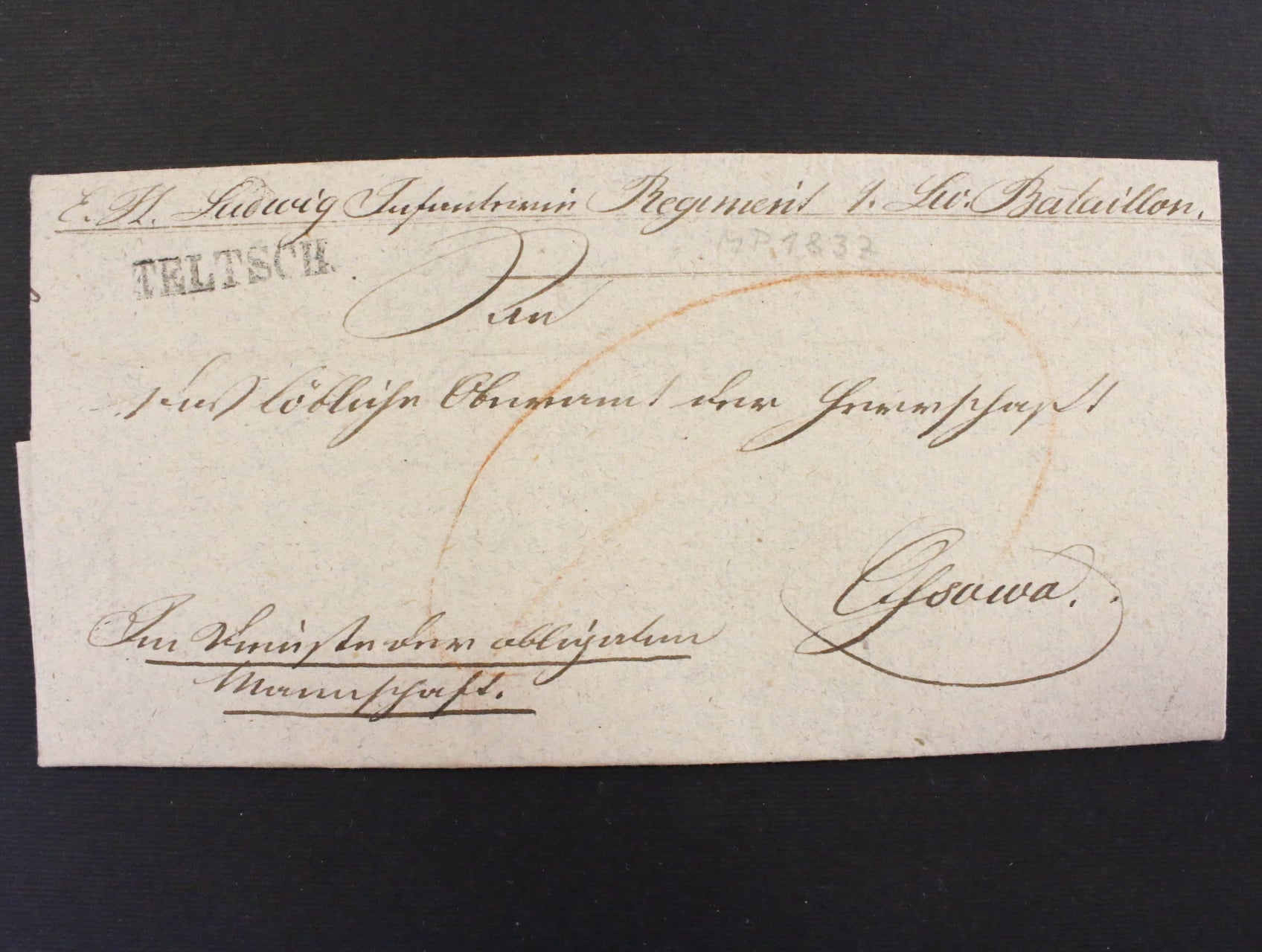 skl. vojensky dopis z r. 1837 s řádkovym pod. raz. TELTSCH