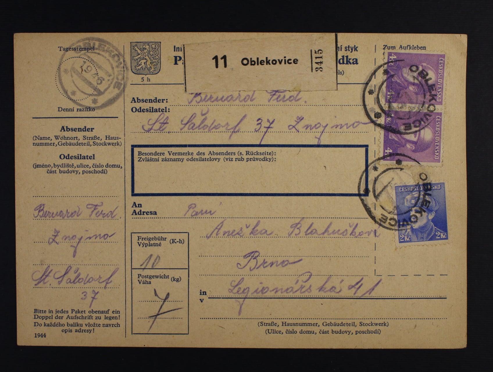 kompl.pošt. průvodka frank. zn. č. 397 a dvoupáskou zn. č. 400, pod. dvoukruh. gum. raz. OBLEKOVUCE 1945, zajímavé