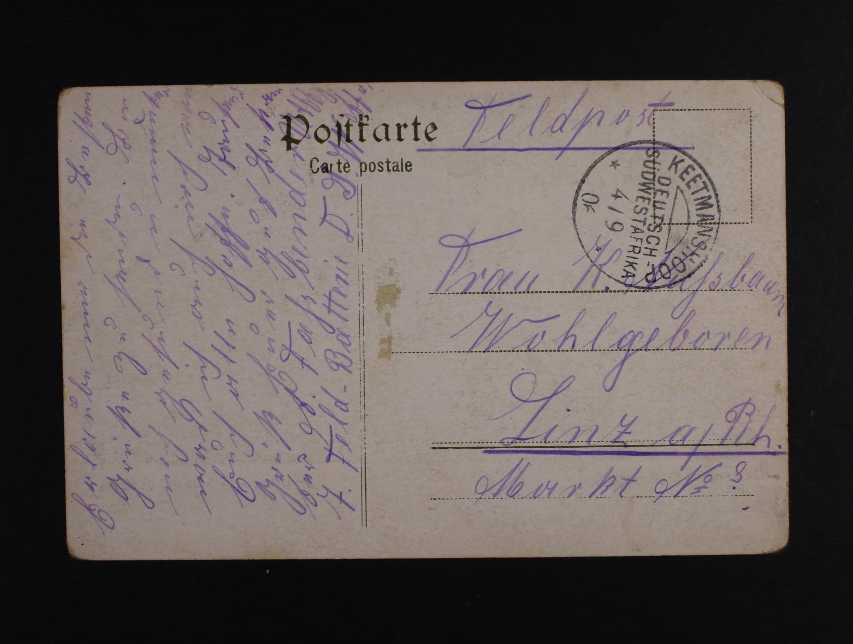 Feldpost -jednobar. pohlednice "Herros von Otjikango" zaslaná do Lince, pod. raz. KEETMANSHOOP DEUTSCH - SÜDWESTAFRIKA 4.9.1906, zajímavé