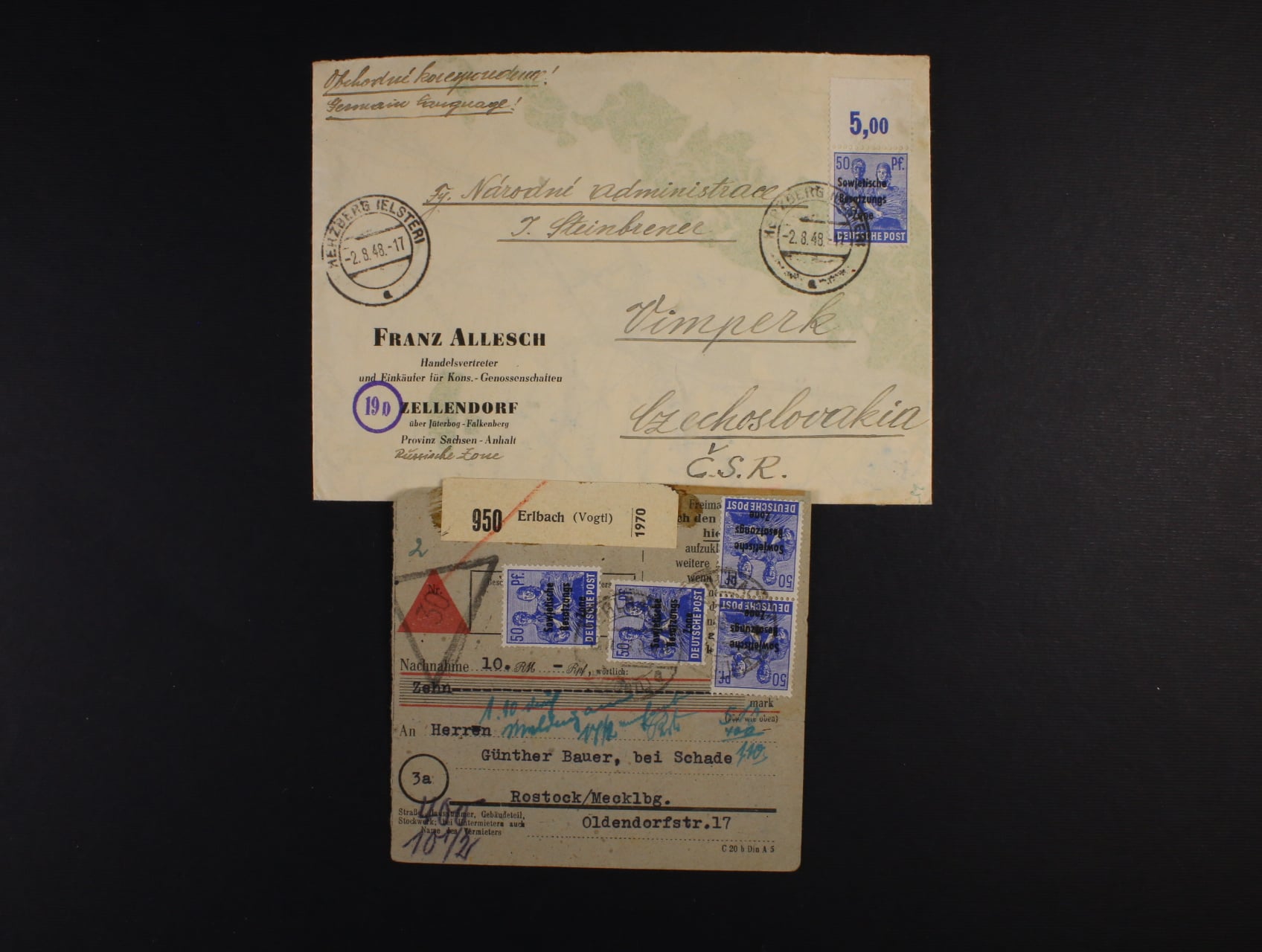 sovětská zóna - R-dopis do ČSR frank. zn. Mi. č. 194, pod. raz. HERZBERG ... 2.8.48 + ústřižek pošt. průvodky frank. na přední i zadní straně zn. Mi. č. 194 (8x), pod. raz. ERLBACH 19.4.48 + přích. ra