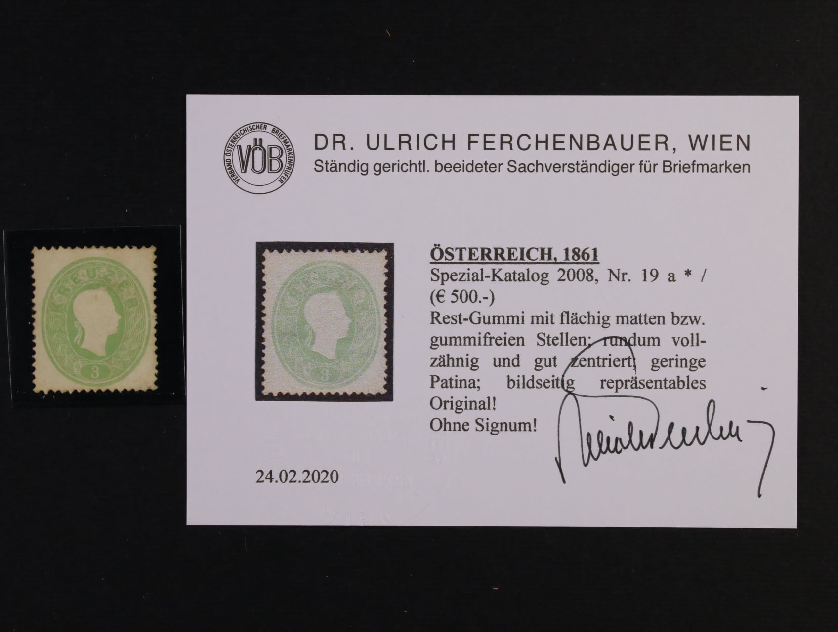 zn. Fe. č. 19a, původní lep, atest Ferchenbauer, 500 EUR