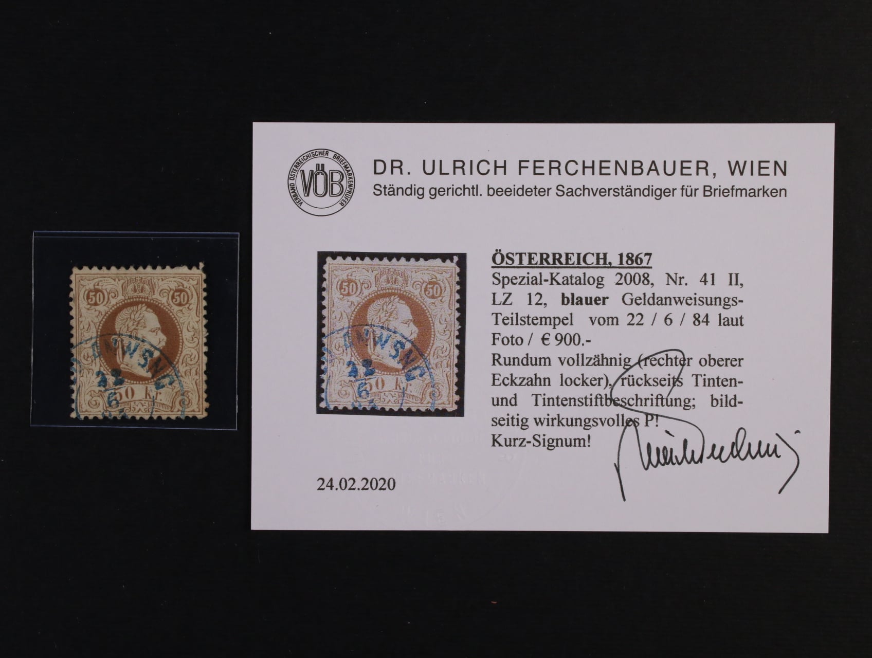 zn. Fe. č. 41 II, 50kr F.J. jemný vous, ŘZ 12, s modrým nekompl. raz. 22.6.84, zk. a atest Ferchenbauer, 900 EUR