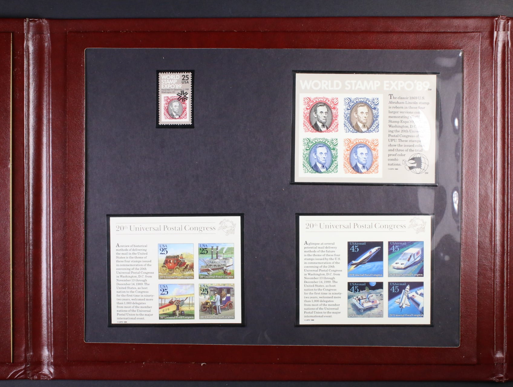 Pamětní vydaní známek a FDC k 20. kongresu UPU 1989 v pevných deskách_