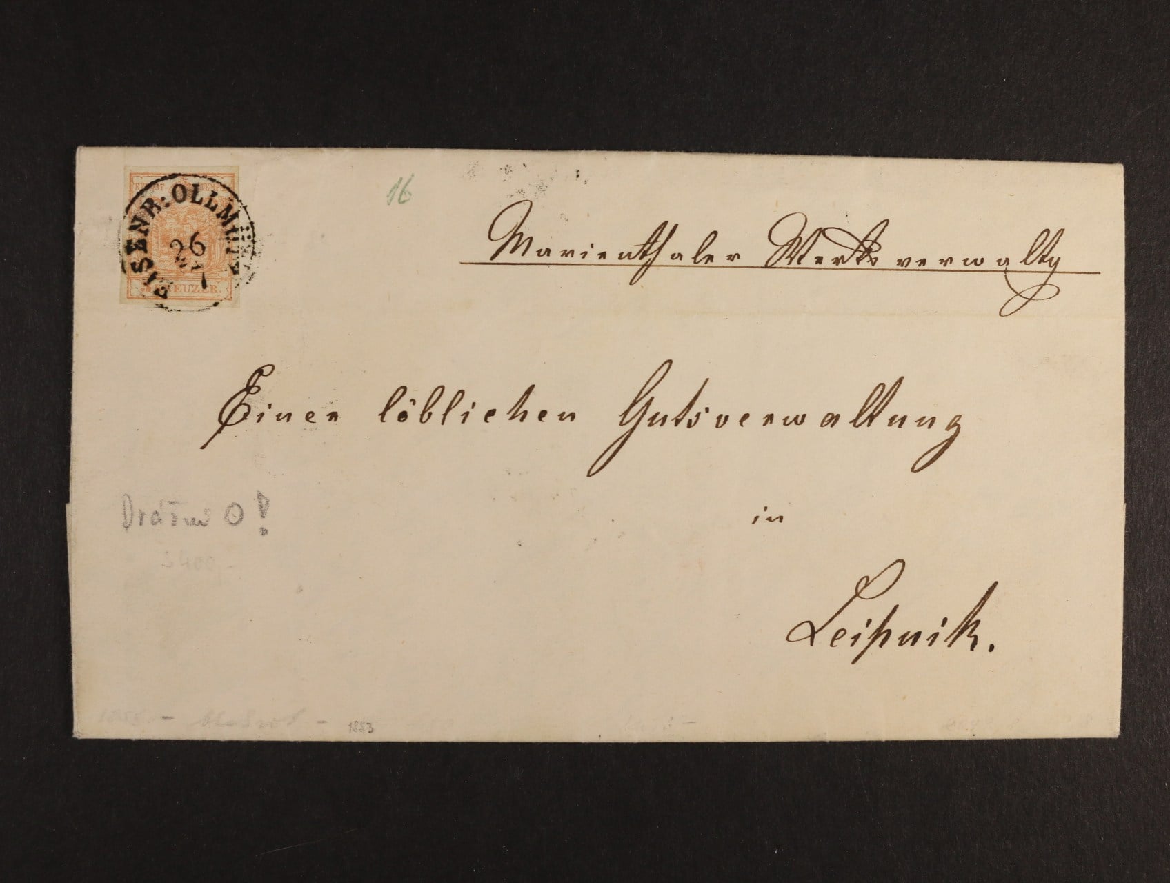 skl. dopis z r. 1853 frank. zn. Fe. č. 3,  typ III s nádražním jednokruh. raz. EISENB: OLLMÜTZ 26.7., průch. a přích. raz., zajímavé