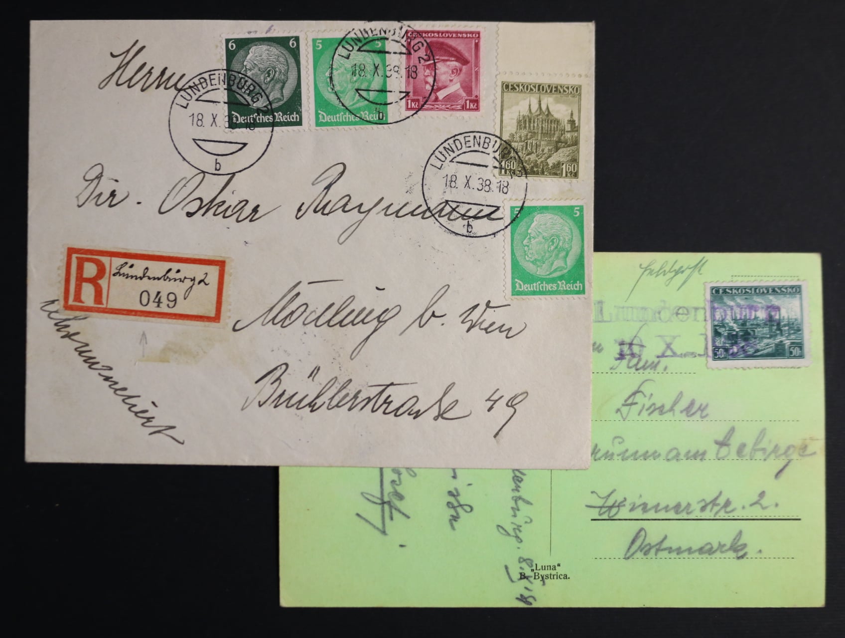 R-celistvost do Vídně s pestrou frankaturou a pod. kulaté raz. LUNDENBURG 2 18.10.38 a pohlednice do Vídně s řádk. raz. LUNDENBURG 10.10.38, dobrá kvalita, zajímavé