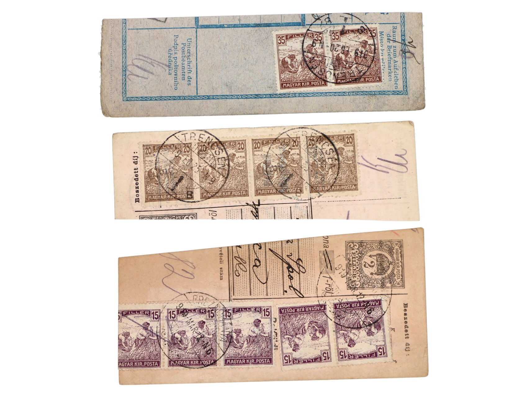 ústřižek pošt. průvodky frank. dvoupáskou a čtyřpáskou zn. Mi. 195 + dopl. zn. P 40 s raz BREZNOBÁNYA (Brezno) 12.MAR.1919, ústřižek pošt. průvodky frank. zn. Mi. 196 ve vodorovné čtyřpásce + zn. na z