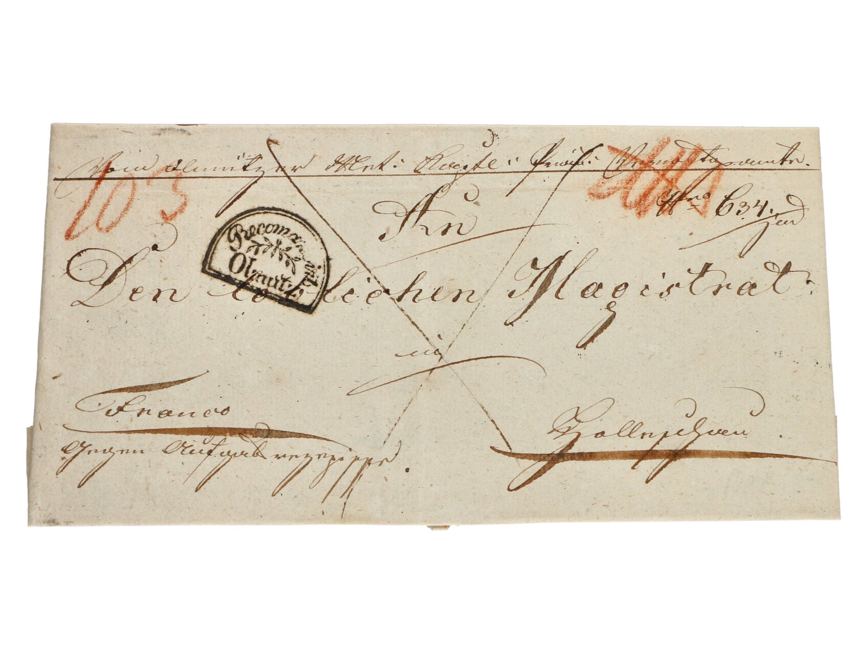 skl. R-dopis z r. 1833 s ozdobným podacím půlkruh. raz. RECOMANDIRT OLMÜTZ, Vot. č. C 200, dobrá kvalita, zajímavé, vzácné