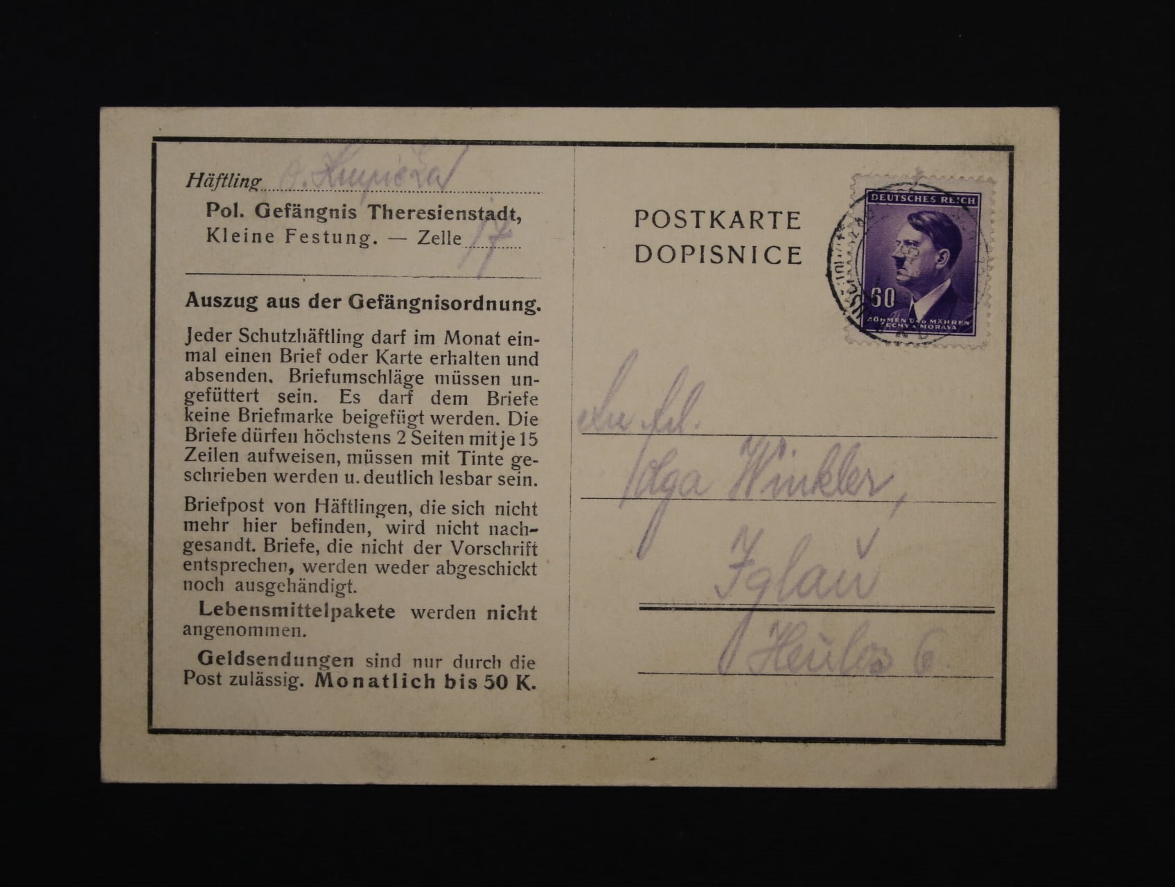 Theresienstadt - úřední předtištěný KL do Jihlavy s pod. raz. BOHUŠOVICE 15.4.45, dobrá kvalita