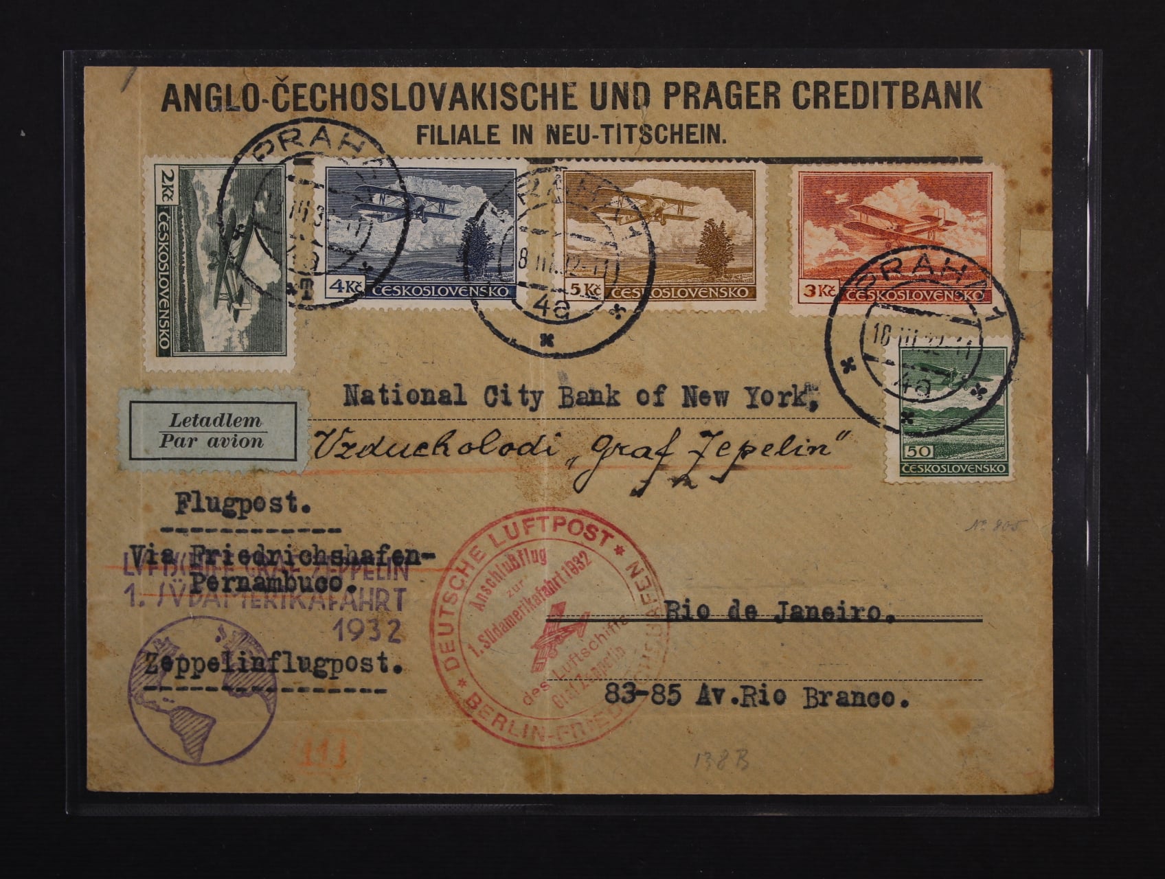ČSR - celistvost do Brazílie přepr. 1. Südamerikafahrt 1932, frank. pestrou frankaturou 3. emise let. zn., pod. raz. PRAHA 18.3.32 + červený a fialový let. kašet, průch. a přích. raz., na zadní str. c