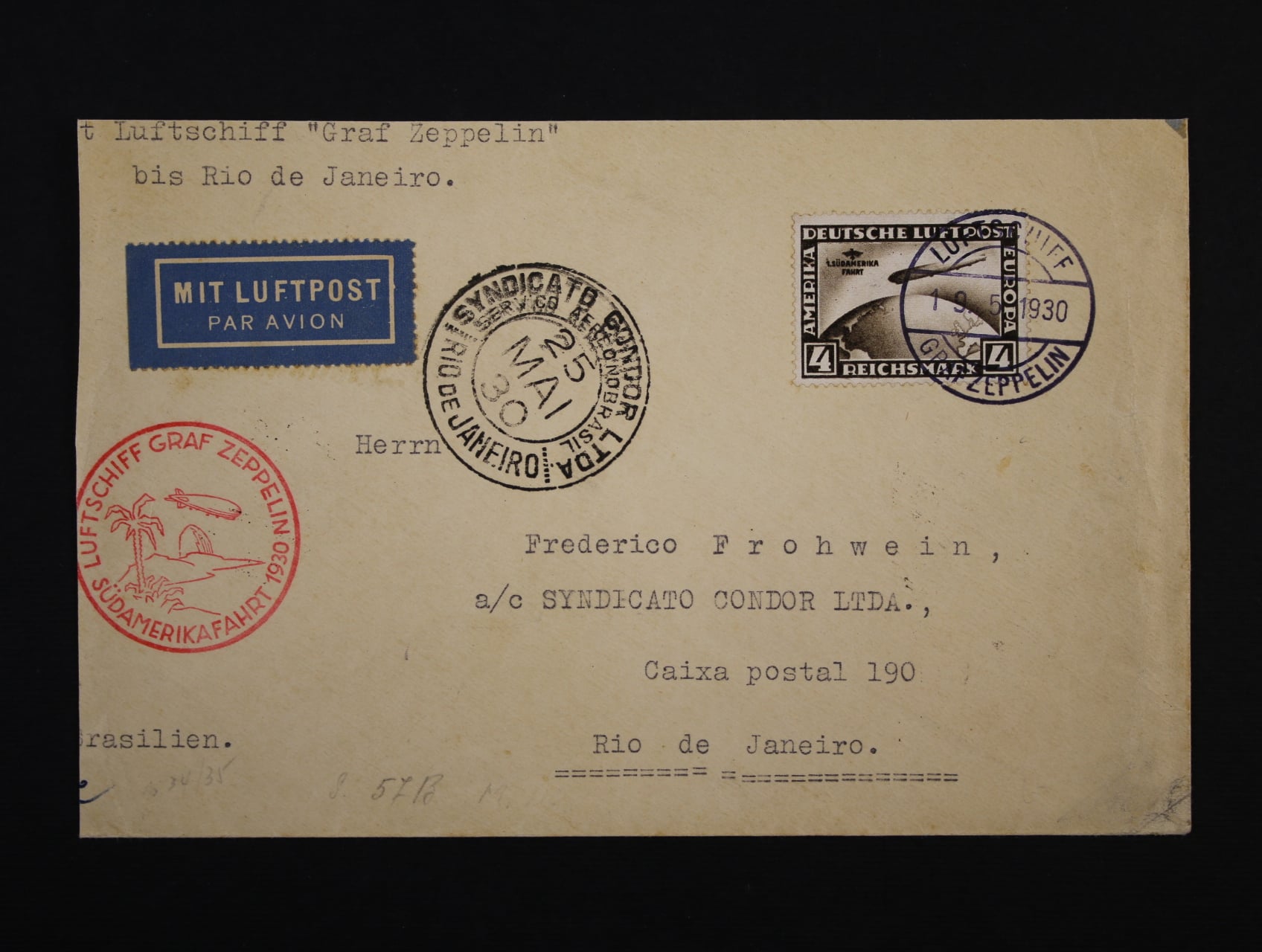 Německo - celistvost do Brazílie frank. zn. 4 marky 1. SÜDAMERIKAFAHRT, pod. raz. LUFTSCHIFF GRAF ZEPPELIN + červený let. kašet SÜDAMERIKAFAHRT + průch. a přích. raz., na levé straně dopis zastřižen