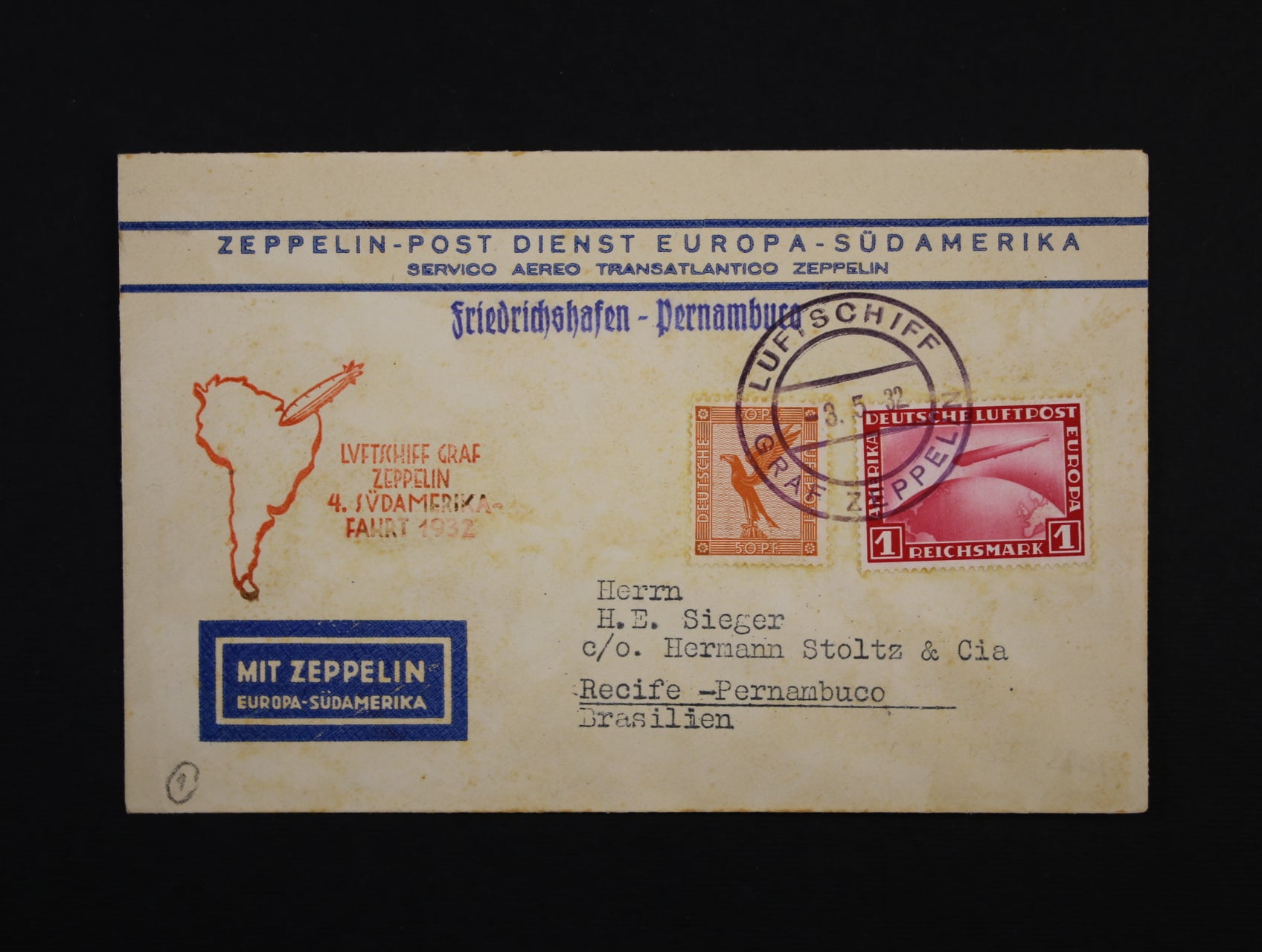Německo - celistvost do Brazílie s pod. raz. LUFTSCHIFF GRAF ZEPPELIN 3.5.32 + červený kašet 4. SÜDAMERIKAFAHRT 1932