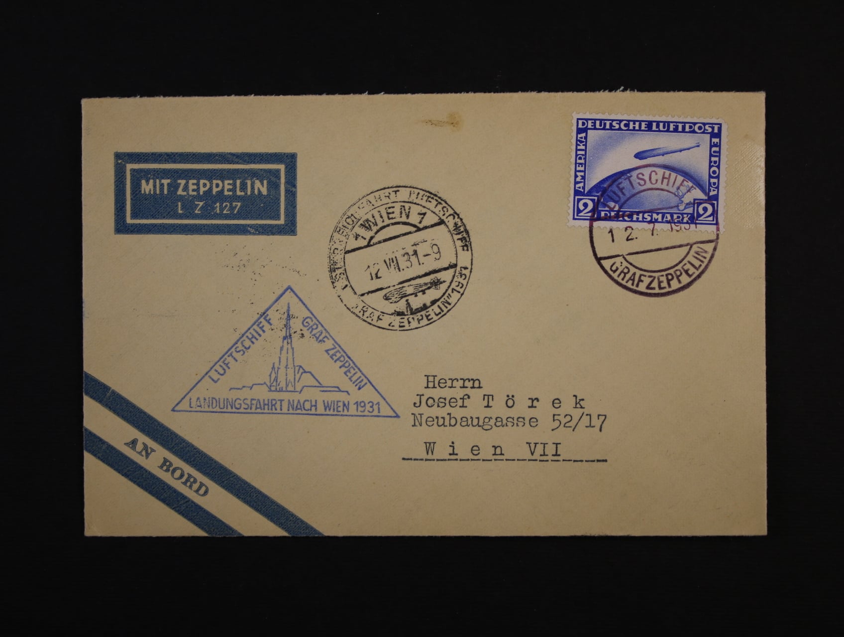 Německo - celistvost do Vídně s pod. raz. LUFTSCHIFF GRAF ZEPPELIN 12.7.31 + modrý kašet LANDUNGSFAHRT NACH WIEN, průch. a přích. raz.