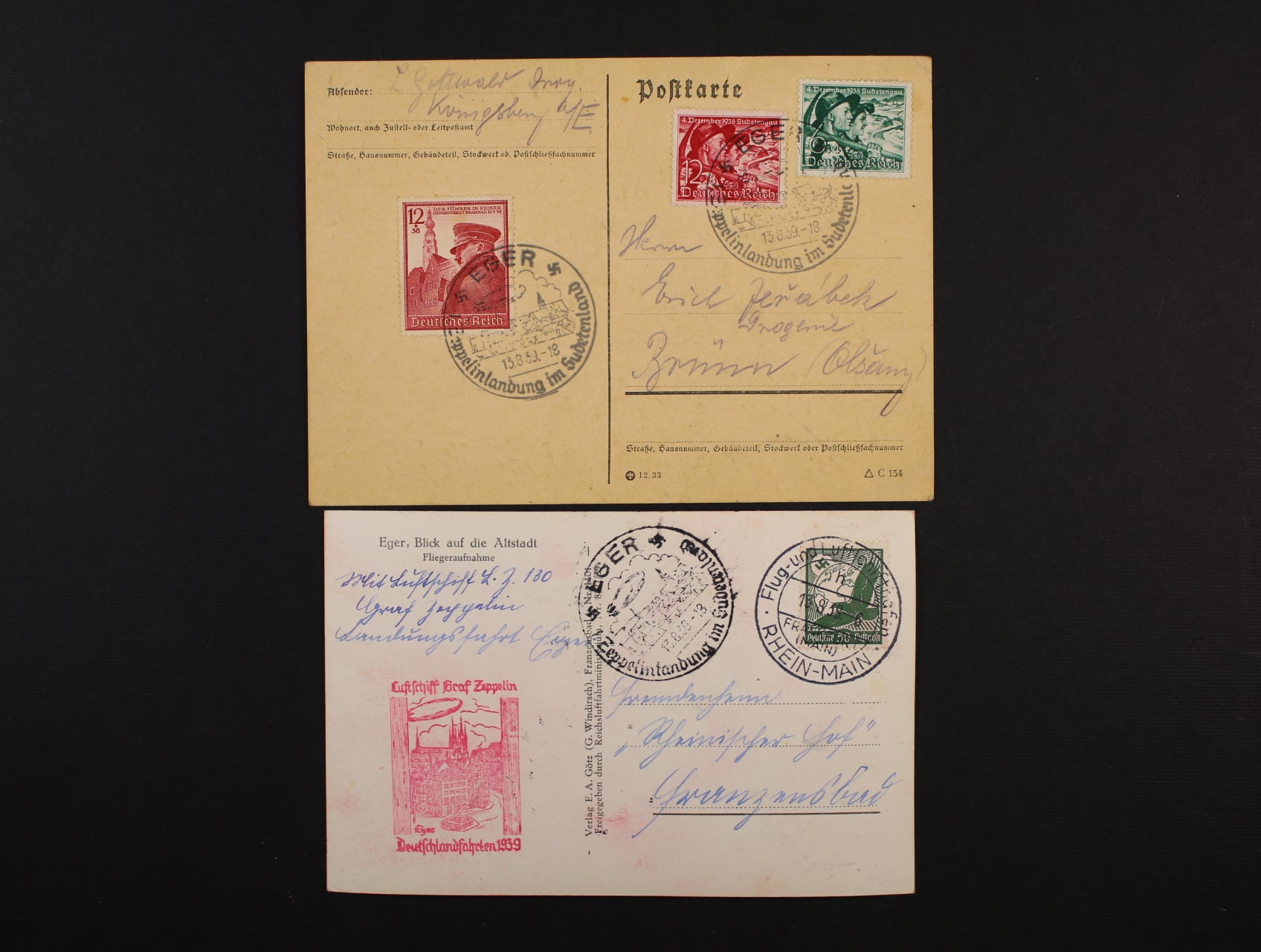 Sudety - dvě celistvosti do Protektorátu z r. 1939, 1x s černým let. kašetem EGER 13.8.39 a červeným kašetem DEUTSCHLANDFAHRTEN 1939, zajímavé