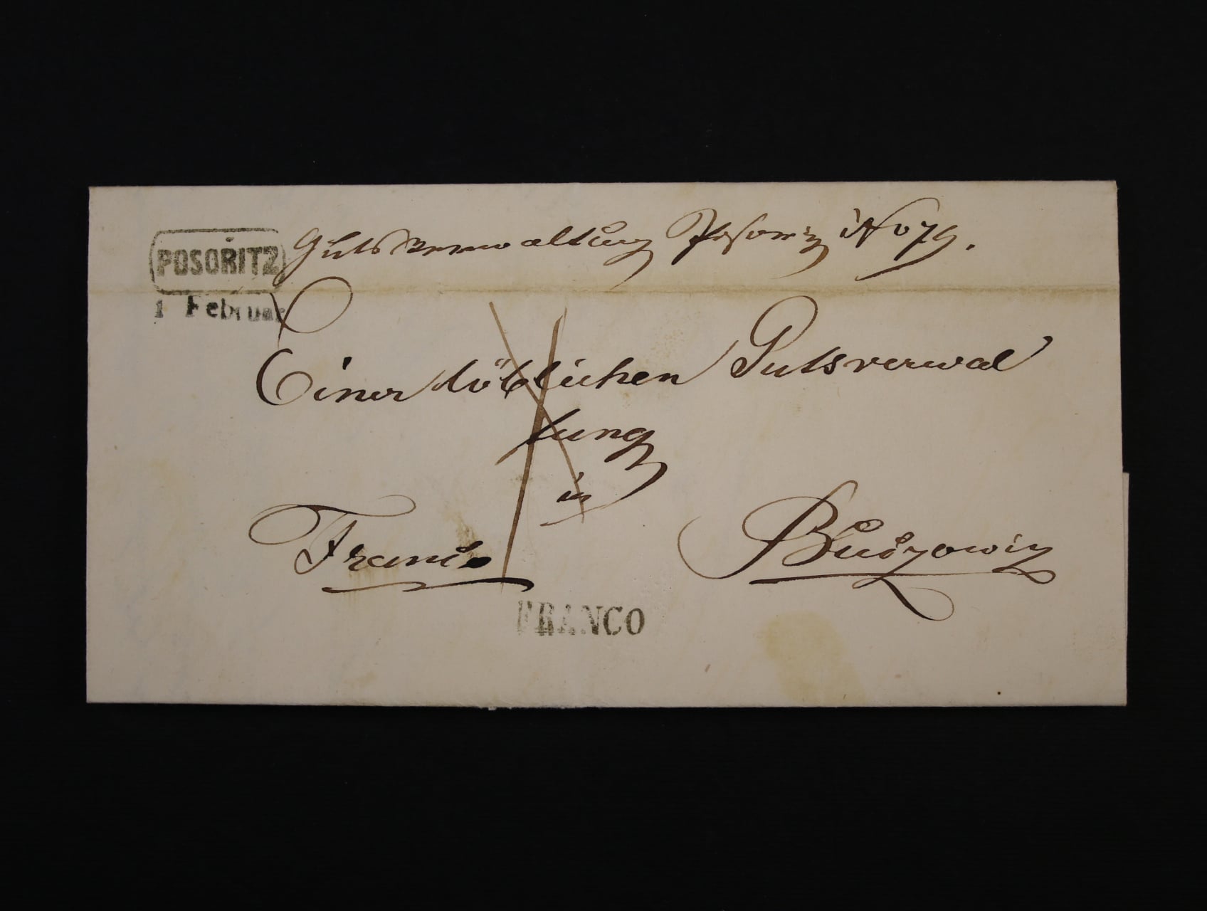 skl. dopis do Bučovic z r. 1864 s pod. rámeč. raz. POSORITZ 1.FEB. + černé řádk. raz. FRANCO
